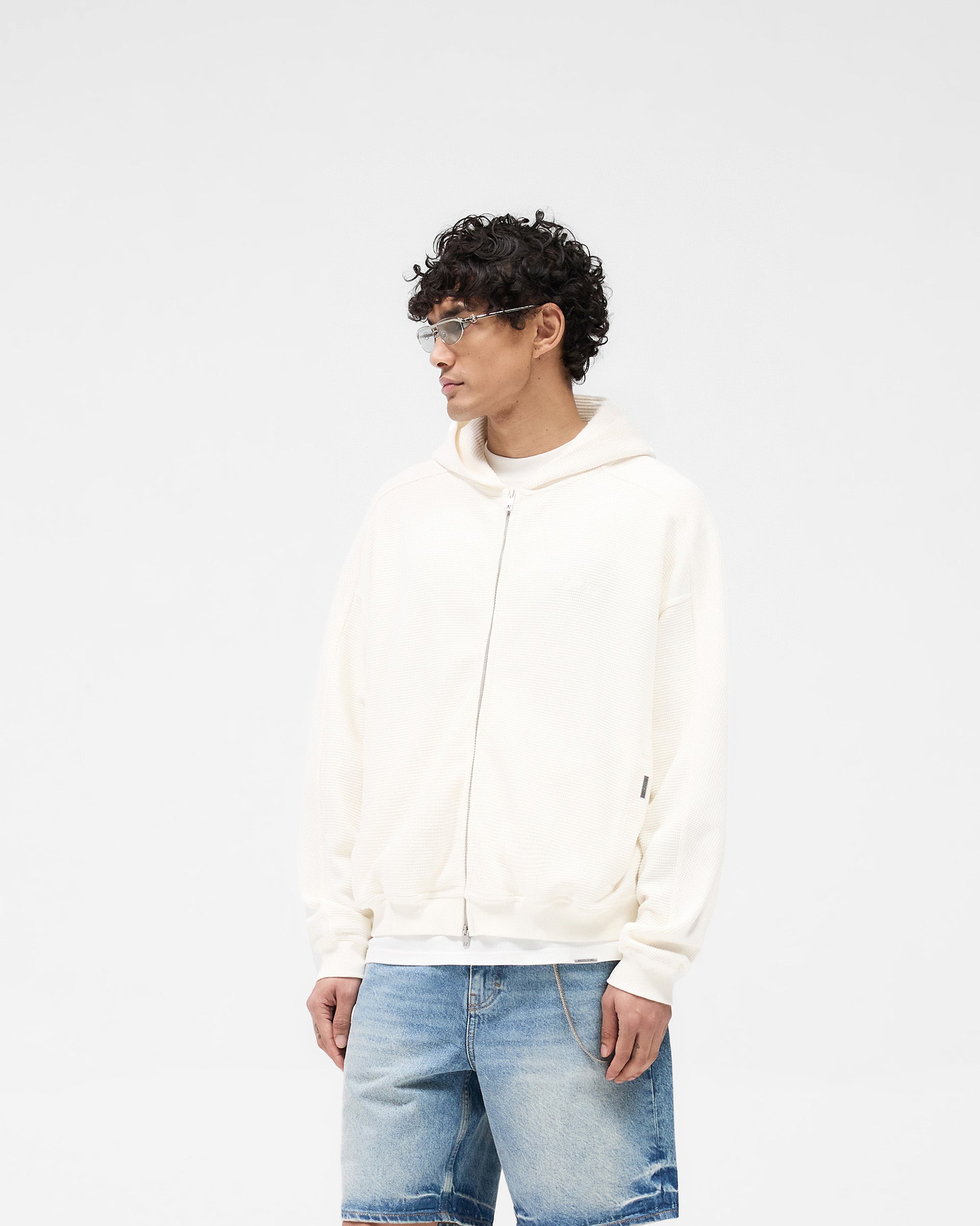 Waffle Zip Through Hoodie - Flat White