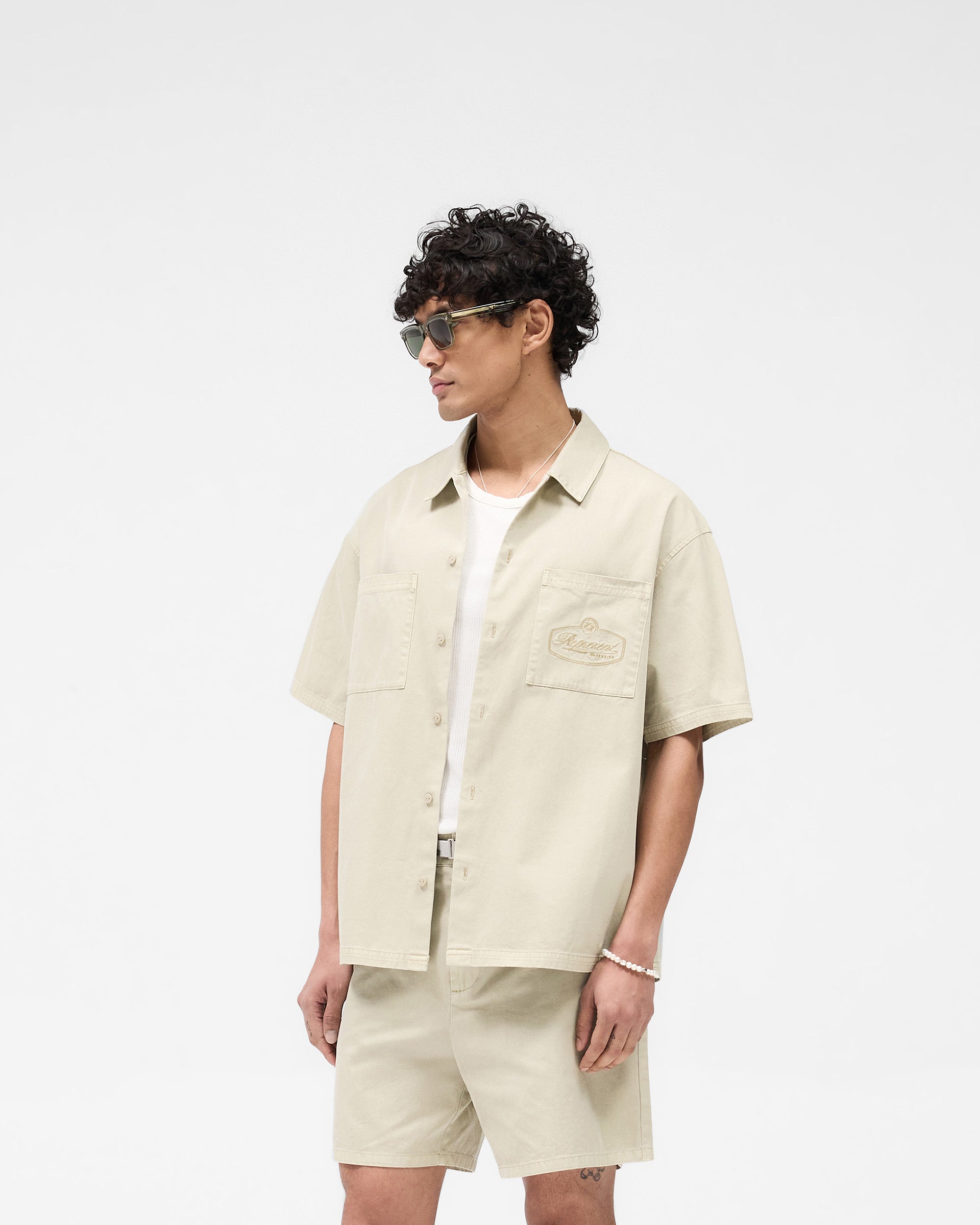 Short Sleeve Cotton Overshirt - Beige