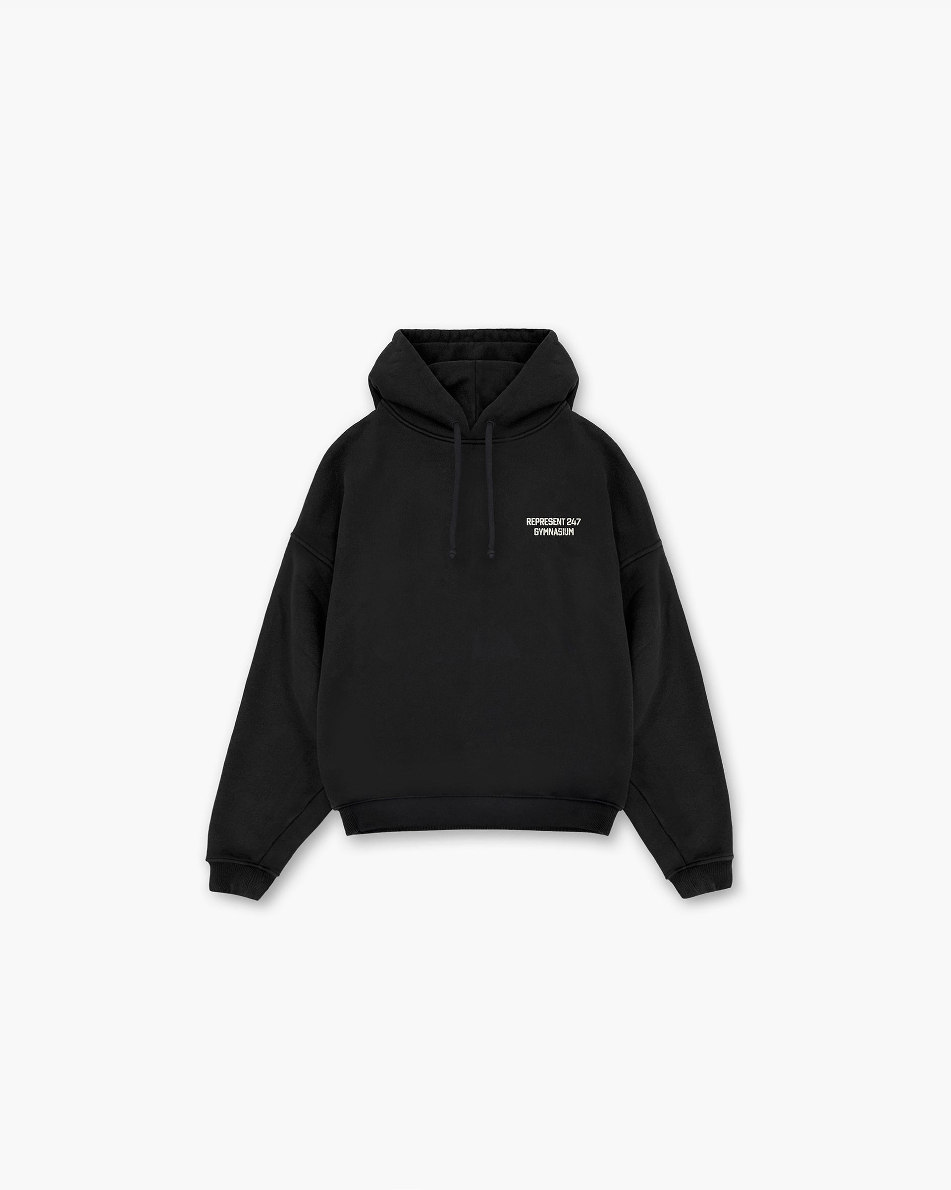 Front product image of a mens black hoodie on a plain white background | 247 Gymnasium Boxy Hoodie in Off Black | Boxy hoodie with Owners Club branding | 247 Hoodies | Represent Clo