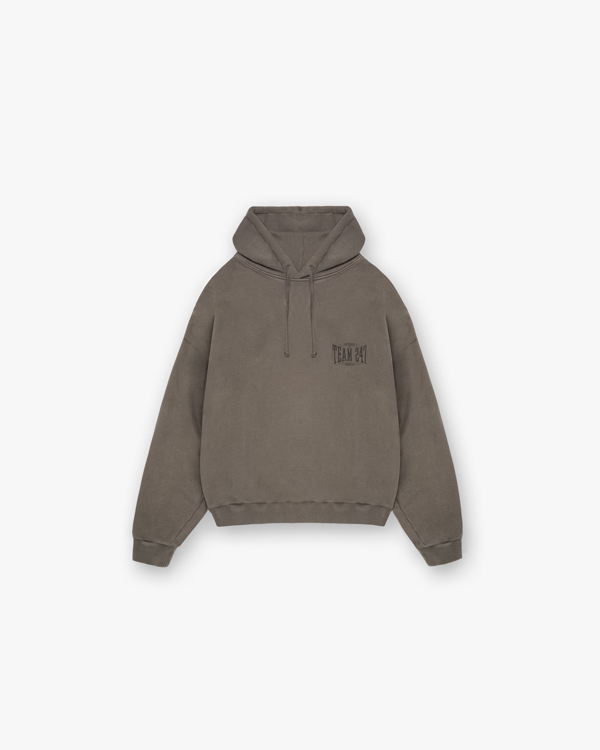 Front product image of a mens brown hoodie on a plain white background | 247 X Everlast Training Camp Boxy Hoodie in Washed Brown | Boxy fit hoodie | 247 Hoodies | Represent Clo