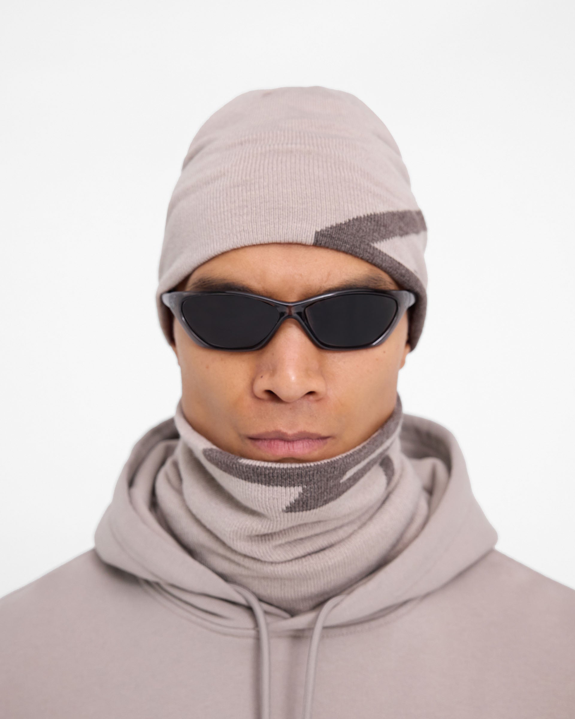 Back product image of a mens grey beanie on a plain white background | 247 Logo Beanie in Moonrock | Wool blend beanie with cutoff logo | 247 Accessories | Represent Clo