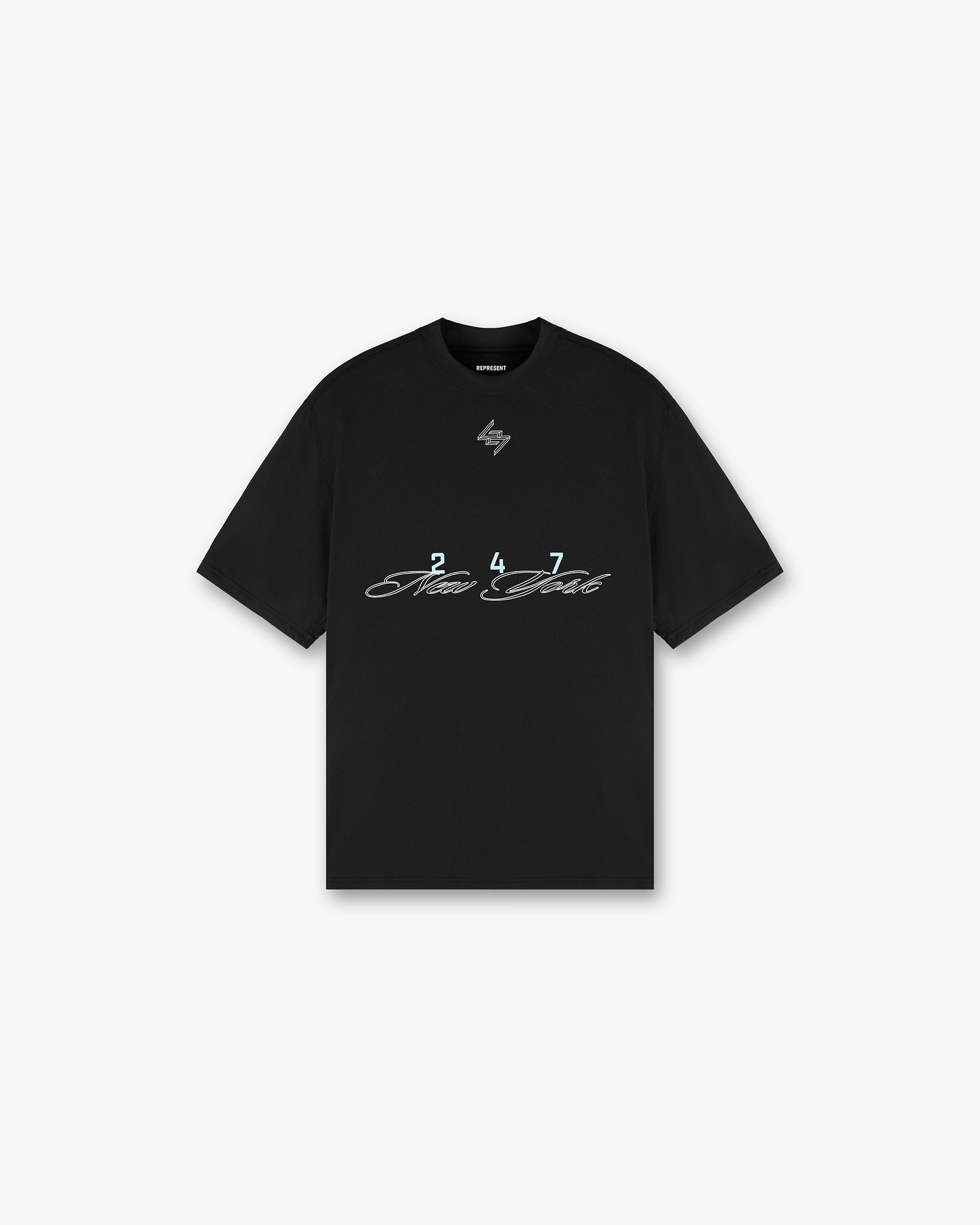 Front product image of a mens black t-shirt on a plain white background | 247 New York T-Shirt in Black | Black t-shirt with regular fit and slimmer sleeves | 247 T-Shirts | Represent Clo