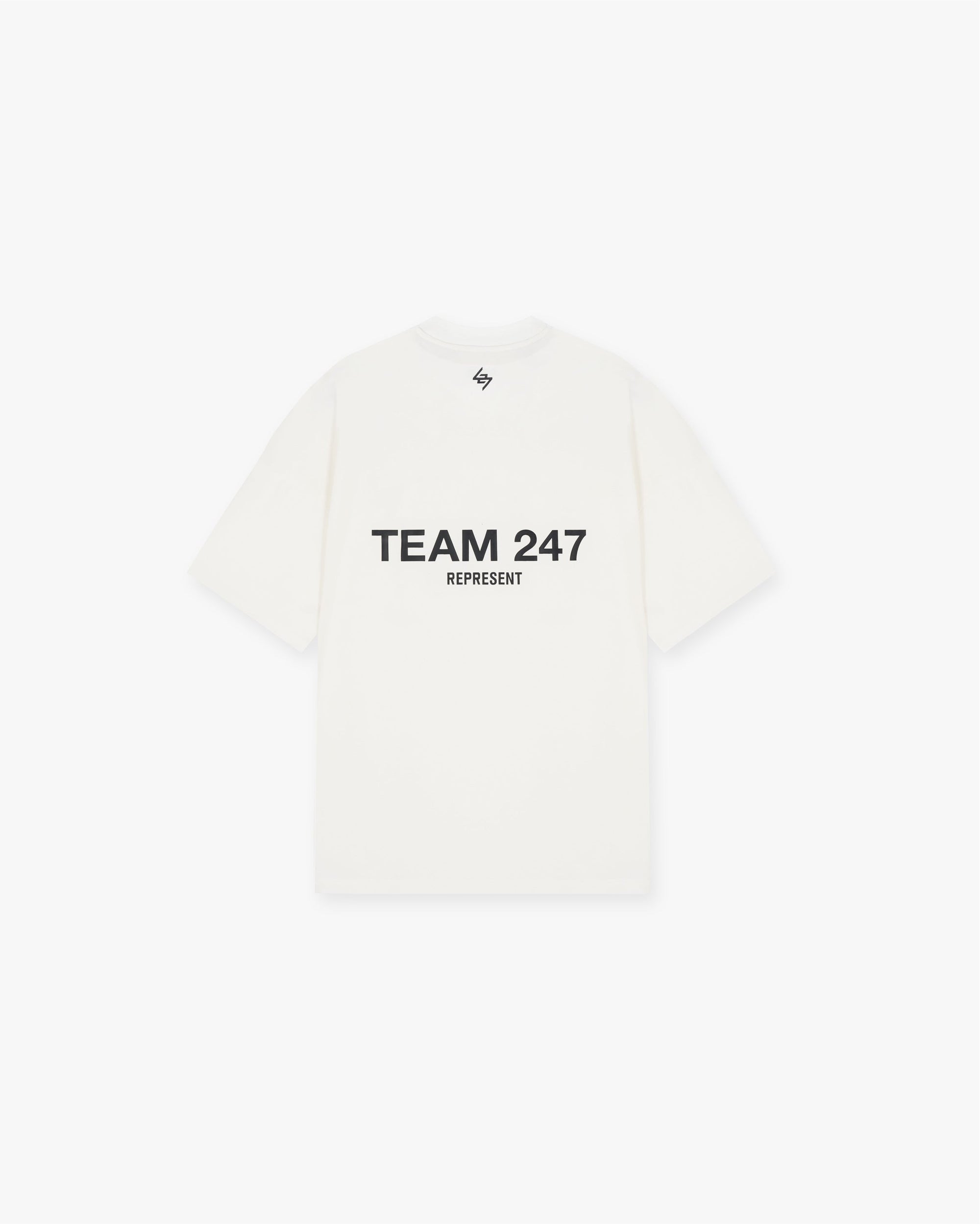 Back product image of a mens white oversized t-shirt on a plain white background | Team 247 Oversized T-Shirt in Flat White | Oversized fit breathable t-shirt | 247 T-Shirts | Represent Clo
