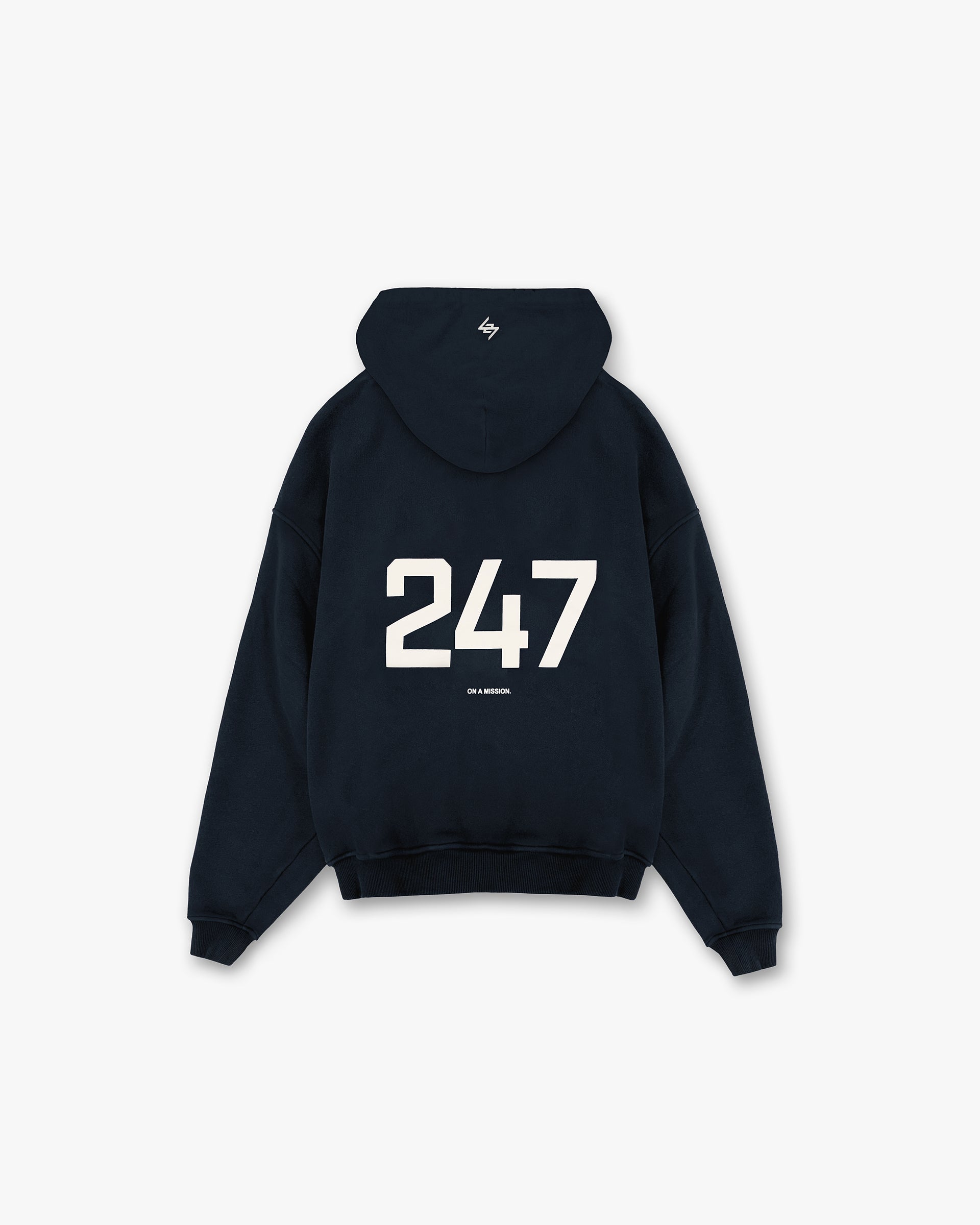 Back product image of a mens navy hoodie on a plain white background | 247 Oversized Hoodie in Navy | Oversized fit hoodie with ribbed hem and tonal drawcords | 247 Hoodies | Represent Clo