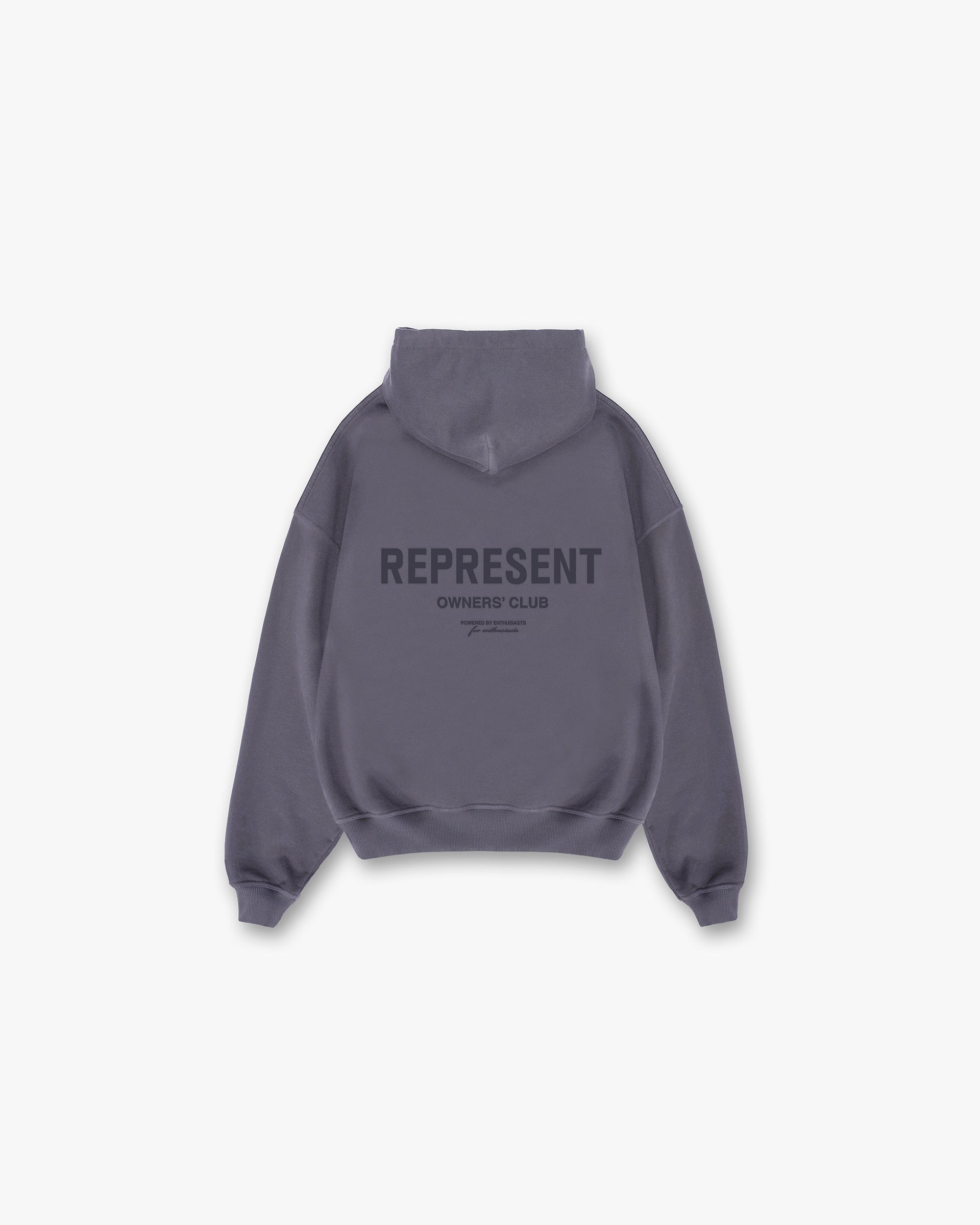 Front product image of a mens grey hoodie on a plain white background | Represent Owners Club Hoodie in Storm | Slightly oversized fit hoodie with embroidered initial logo and kangaroo pocket | Owners Club Hoodies | Represent Clo