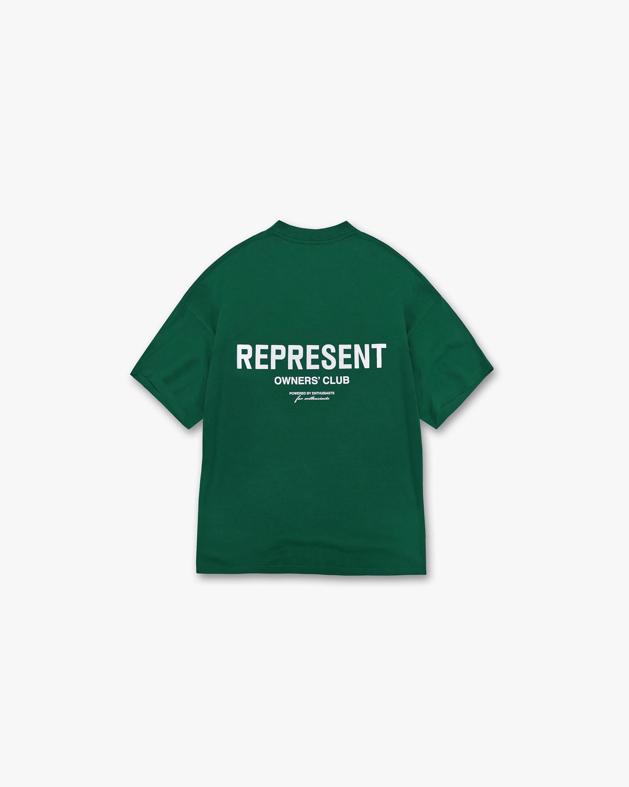 Front product image of a mens green t-shirt on a plain white background | Represent Owners Club T-Shirt in Racing Green | T-shirt with signature logo detailing | Owners Club T-Shirts | Represent Clo
