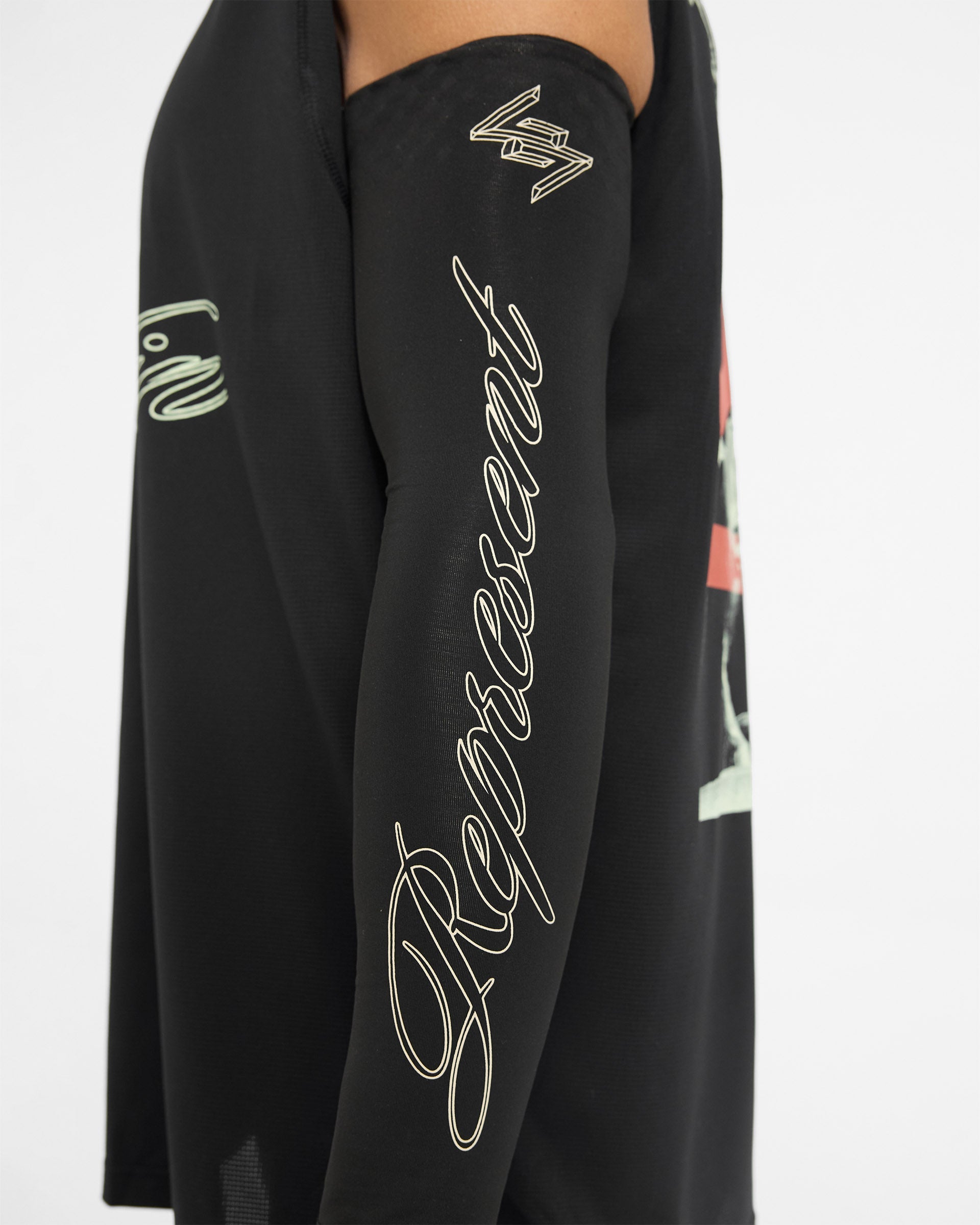 Back product image of mens black running sleeves on a plain white background | 247 Berlin Arm Warmers in Jet Black | Running sleeves with 247 and Berlin branding | 247 Accessories | Represent Clo