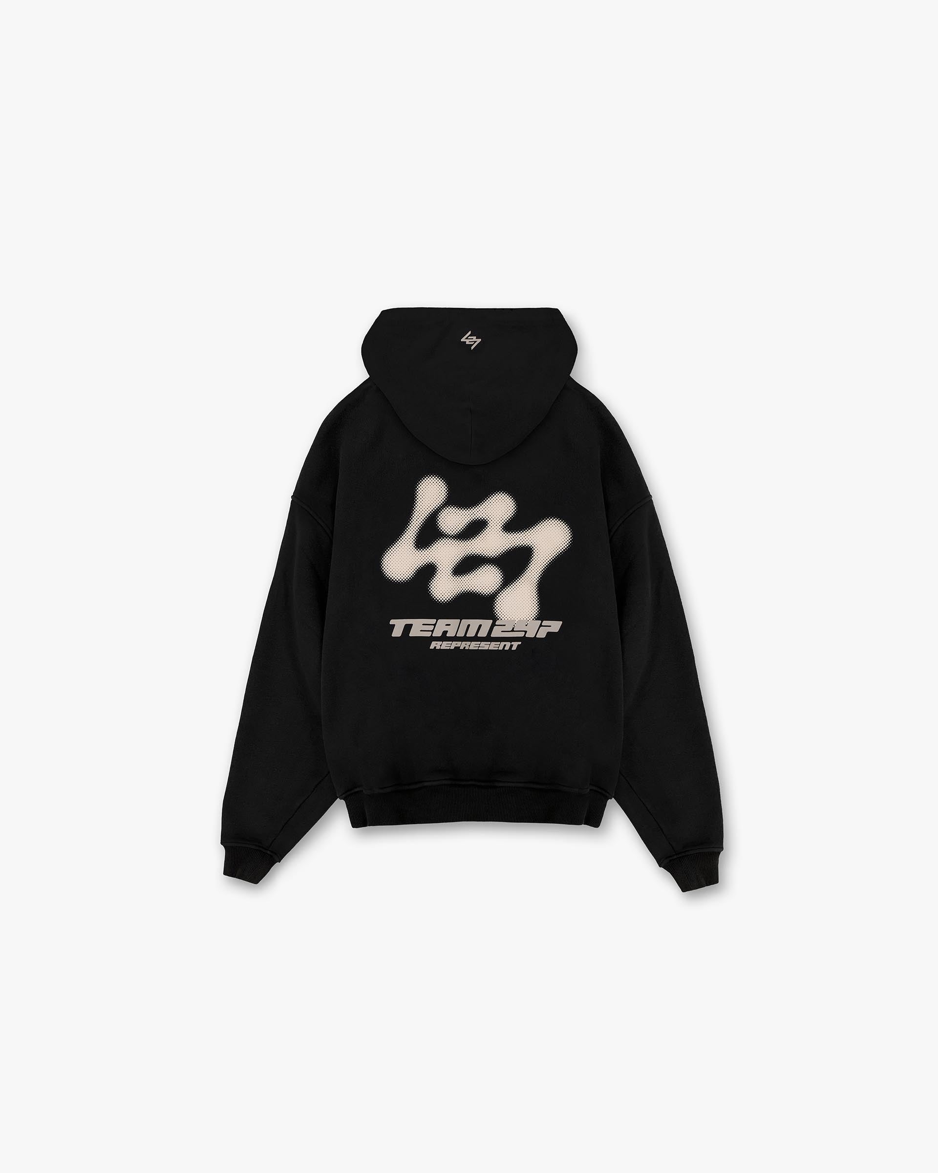 Back product image of a mens black oversized hoodie on a plain white background | 247 Future Terrains Oversized Hoodie in Black | Black hoodie with Future Terrains Team 247 branding and ribbed hem | 247 Hoodies | Represent Clo