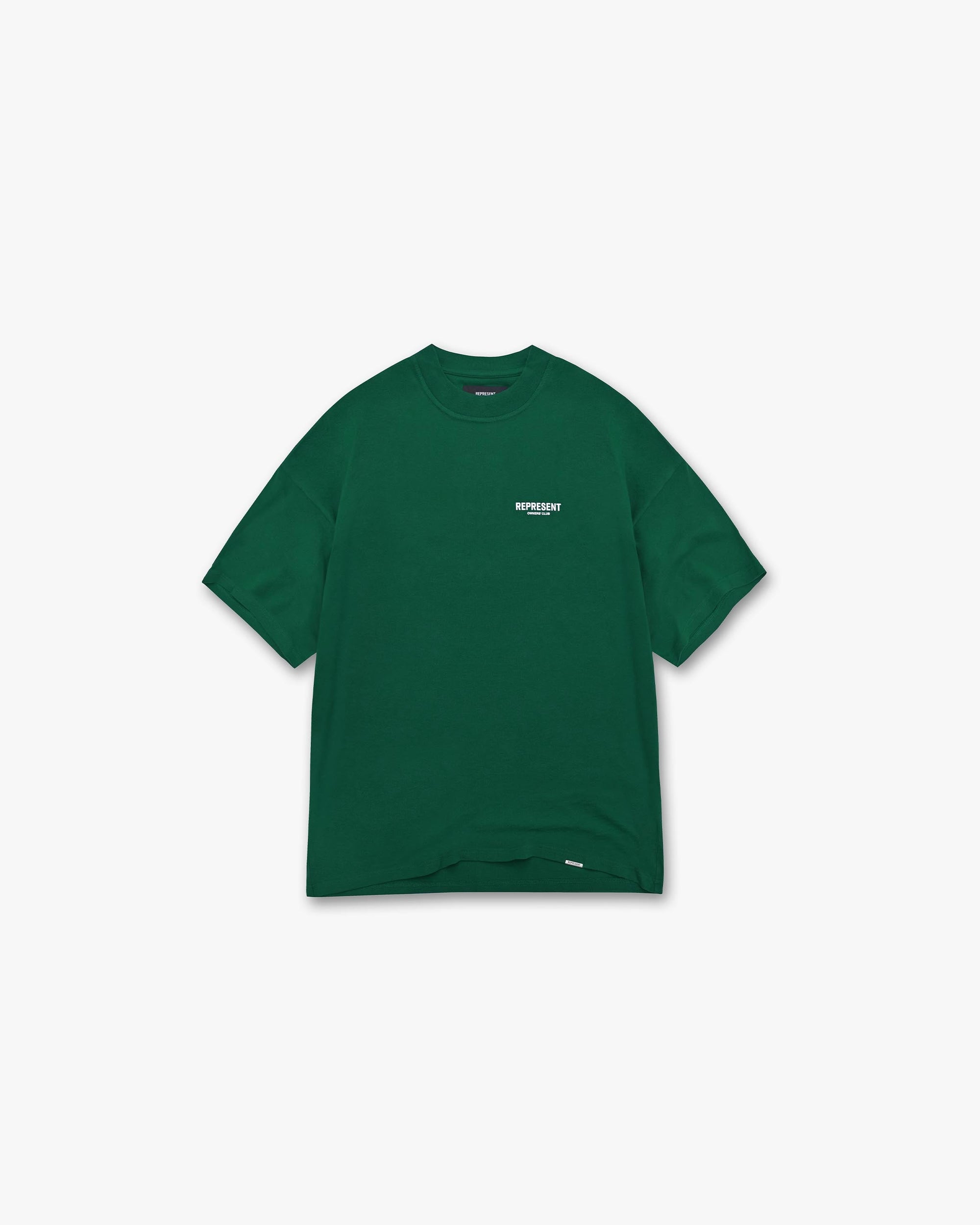 Back product image of a mens green t-shirt on a plain white background | Represent Owners Club T-Shirt in Racing Green | Oversized fit short sleeve t-shirt | Owners Club T-Shirts | Represent Clo