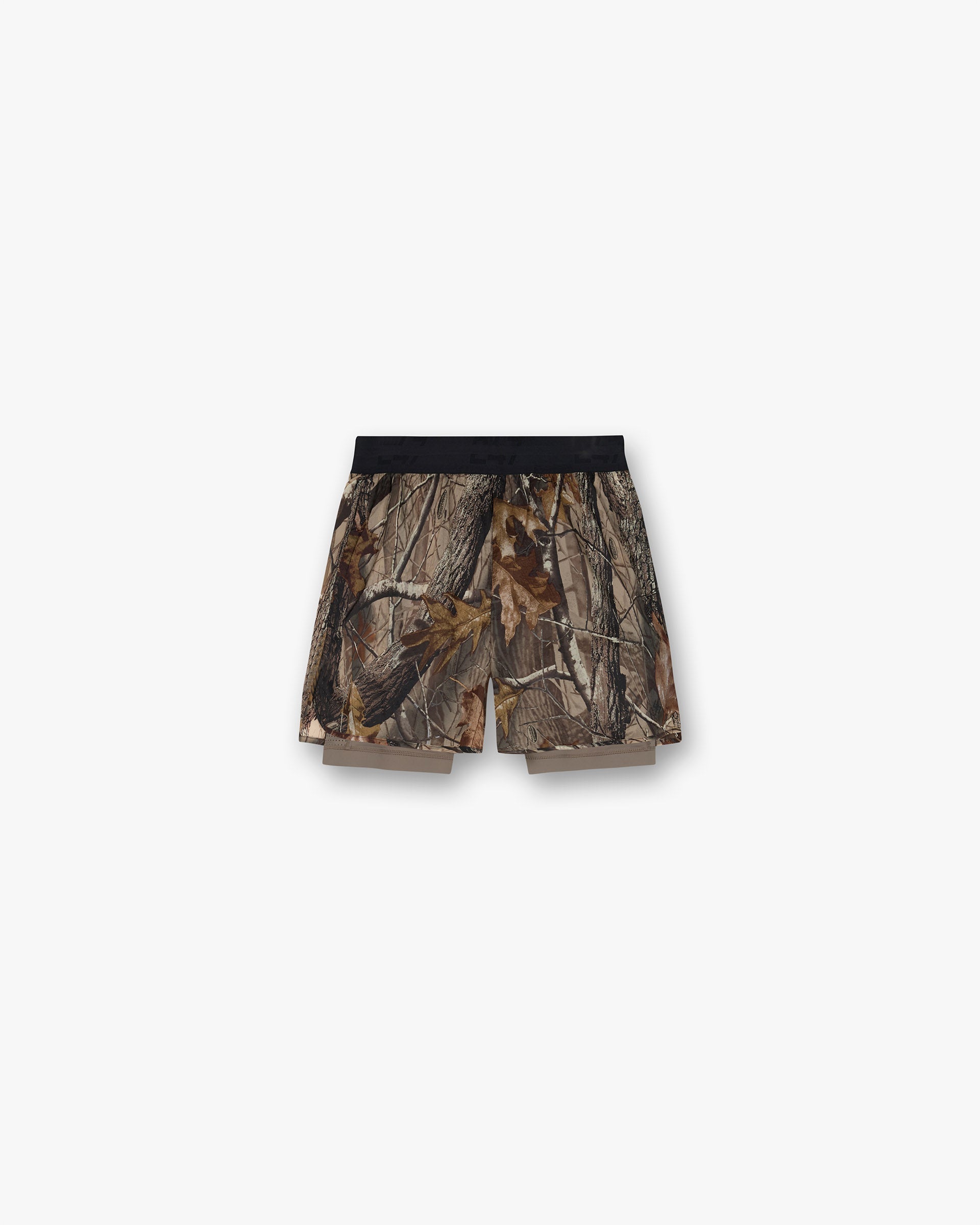 Front product image of mens grey run shorts on a plain white background | 247 Contour 2-In-1 Run Shorts in Realtree | Run shorts with 2-in-1 design | 247 Shorts | Represent Clo