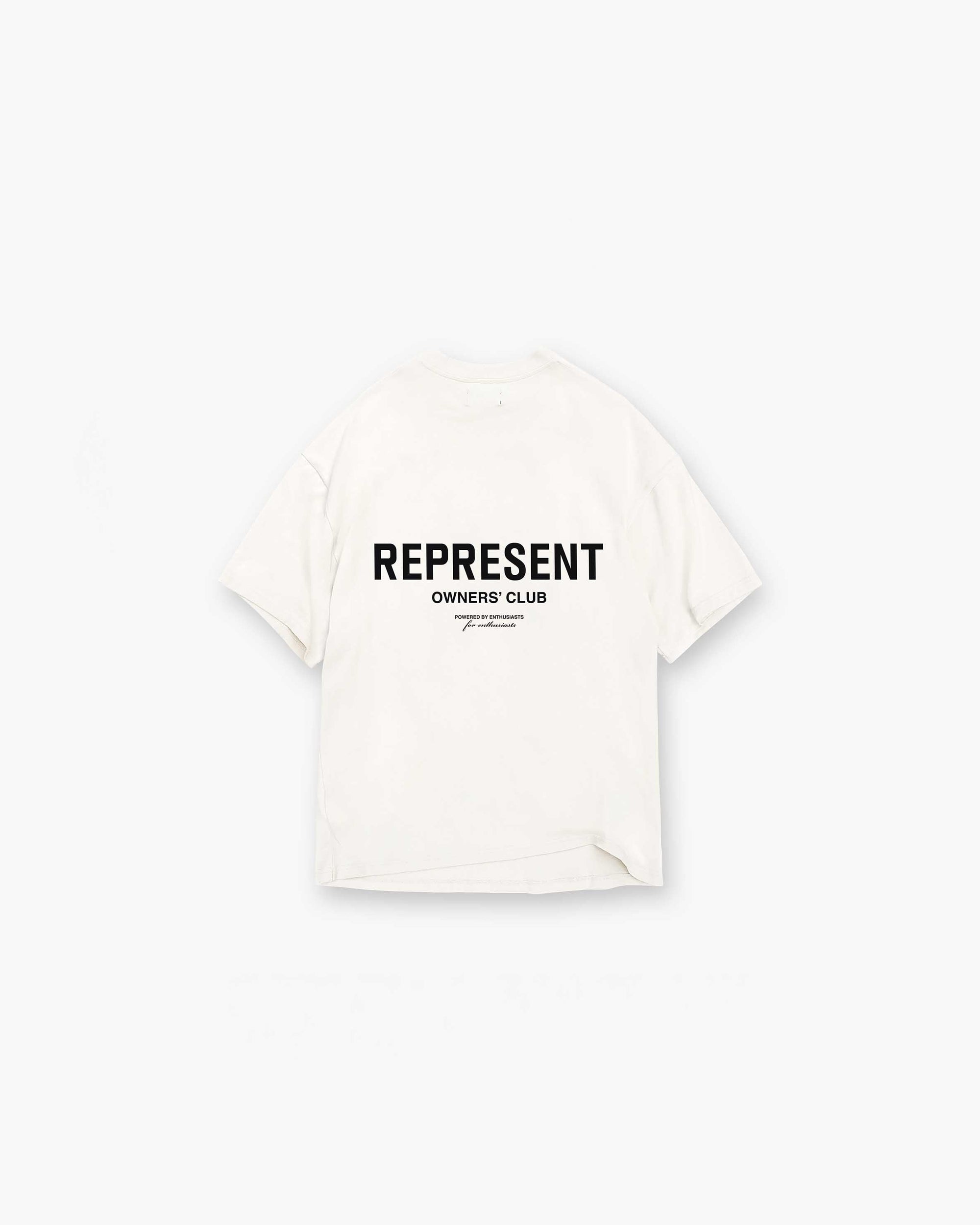 Product image of a mens white t-shirt on a plain white background | Represent Owners Club T-Shirt in Flat White | Soft cotton t-shirt with a relaxed fit | Owners Club T-Shirts | Represent Clo