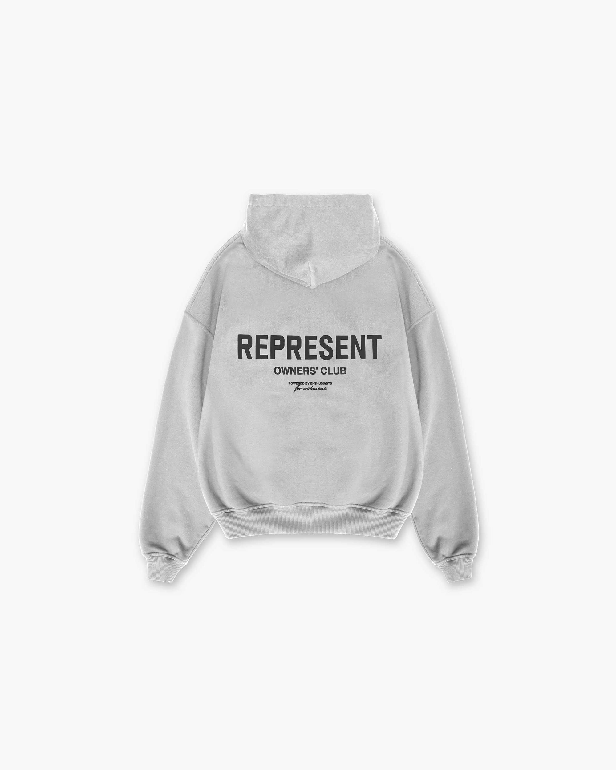 Front product image of a mens grey hoodie on a plain white background | Represent Owners Club Hoodie in Ash Grey | Hoodies with classic fit and minimal branding | Owners Club Hoodies | Represent Clo