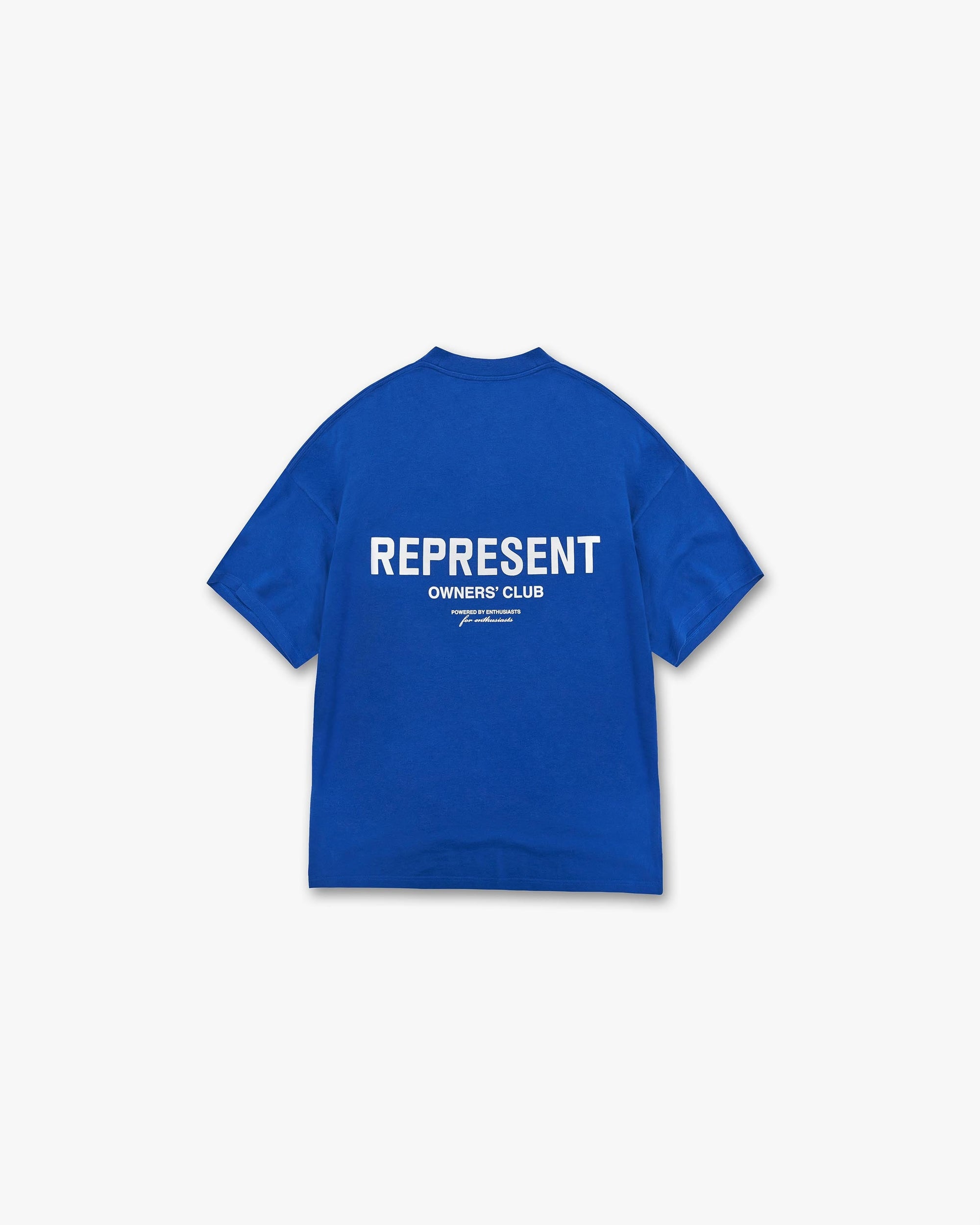 Front product image of a mens blue t-shirt on a plain white background | Represent Owners Club T-Shirt in Cobalt | Crew neck t-shirt with Owners Club logo | Owners Club T-Shirts | Represent Clo