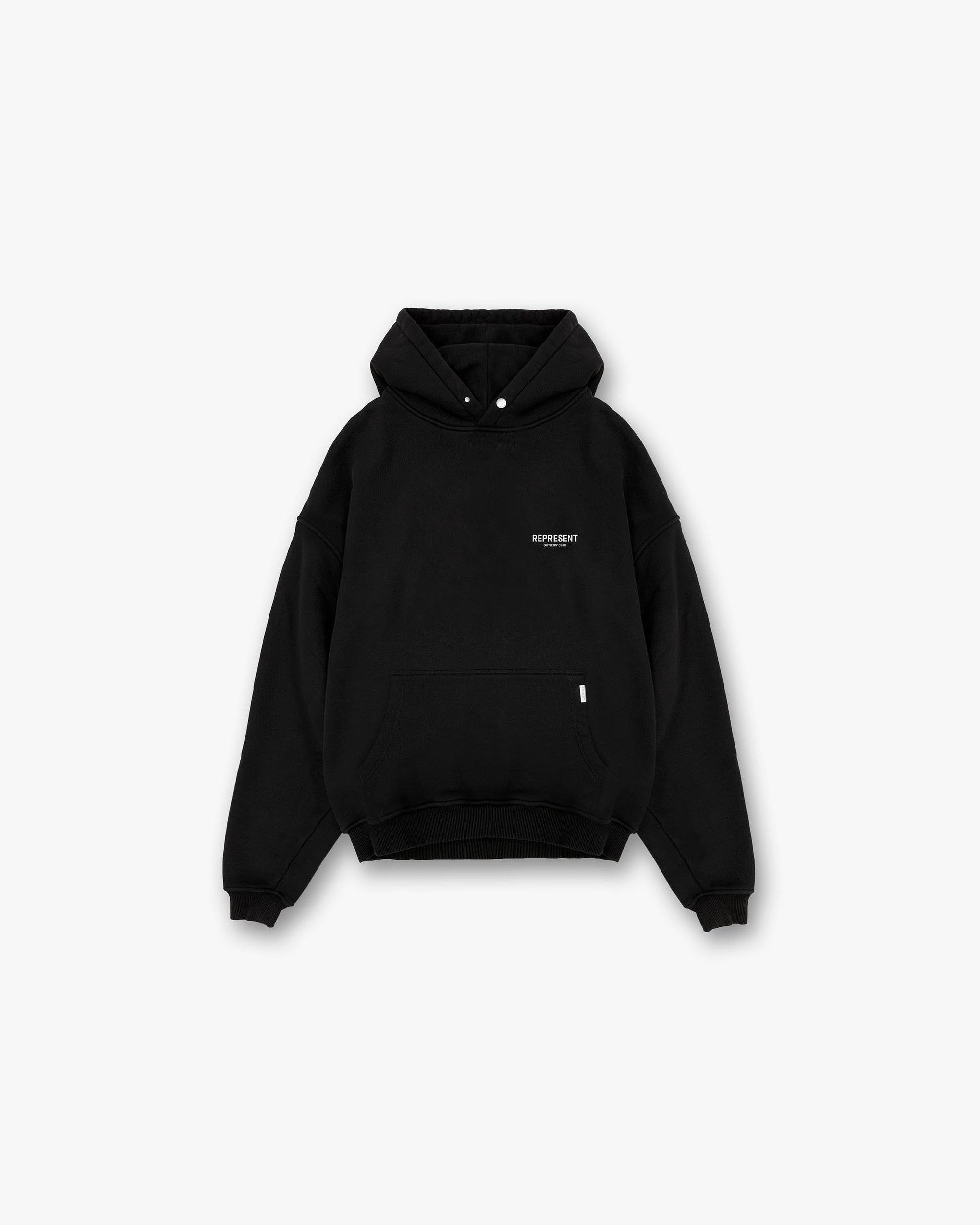 Back product image of a mens black hoodie on a plain white background | Represent Owners Club Hoodie in Black | Oversized hoodie with ribbed hem and cuffs | Owners Club Hoodies | Represent Clo