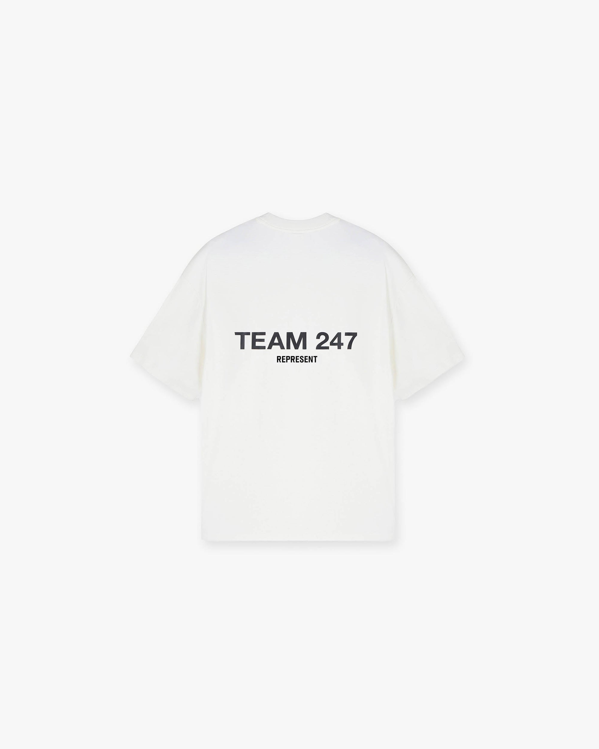 Back product image of a mens white oversized t-shirt on a plain white background | Team 247 Oversized T-Shirt in Flat White | Oversized 4-way stretch t-shirt with quick dry lightweight fabric | 247 T-Shirts | Represent Clo