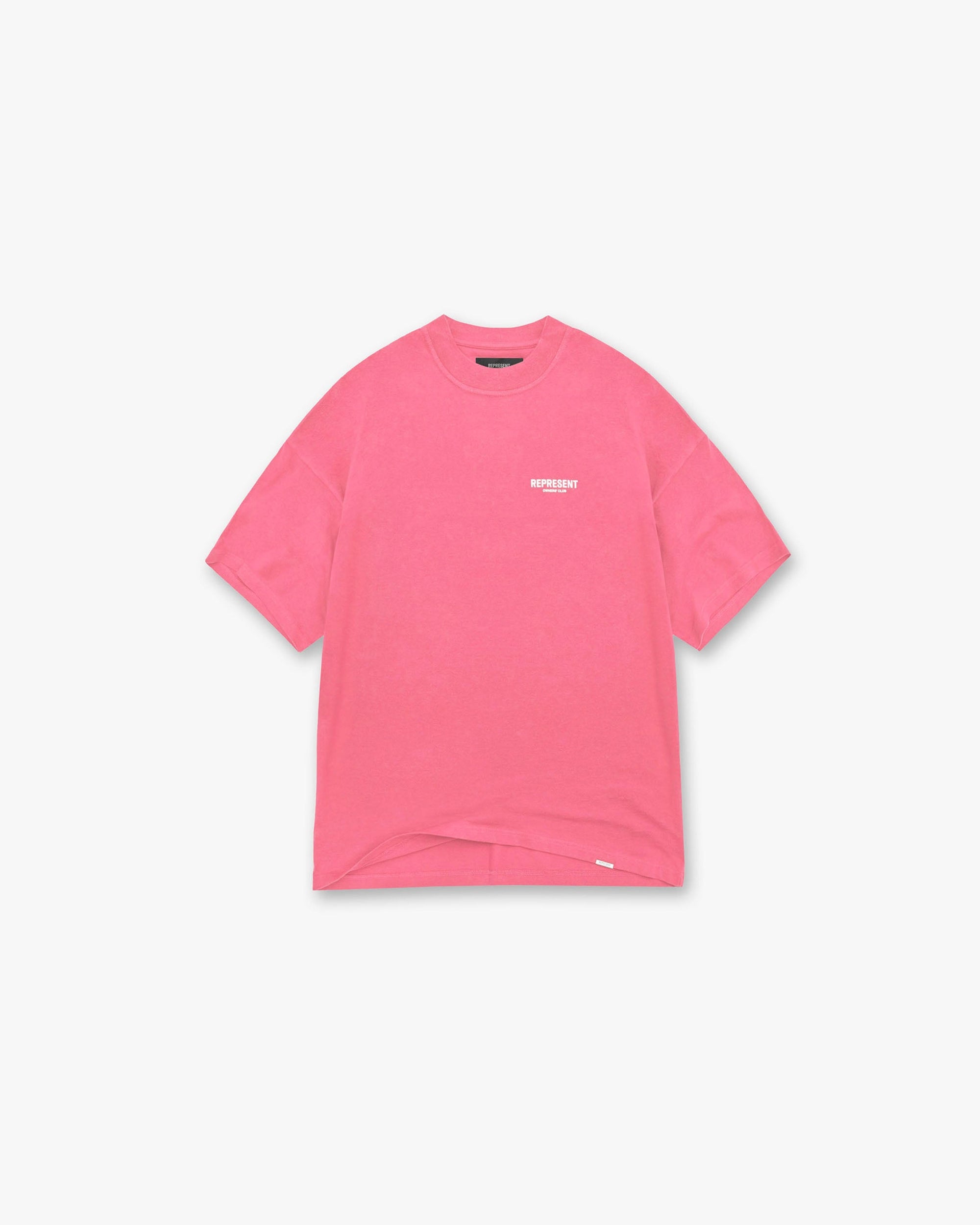 Back product image of a mens pink t-shirt on a plain white background | Represent Owners Club T-Shirt in Bubblegum Pink | Oversized t-shirt with ribbed crewneck | Owners Club T-Shirts | Represent Clo