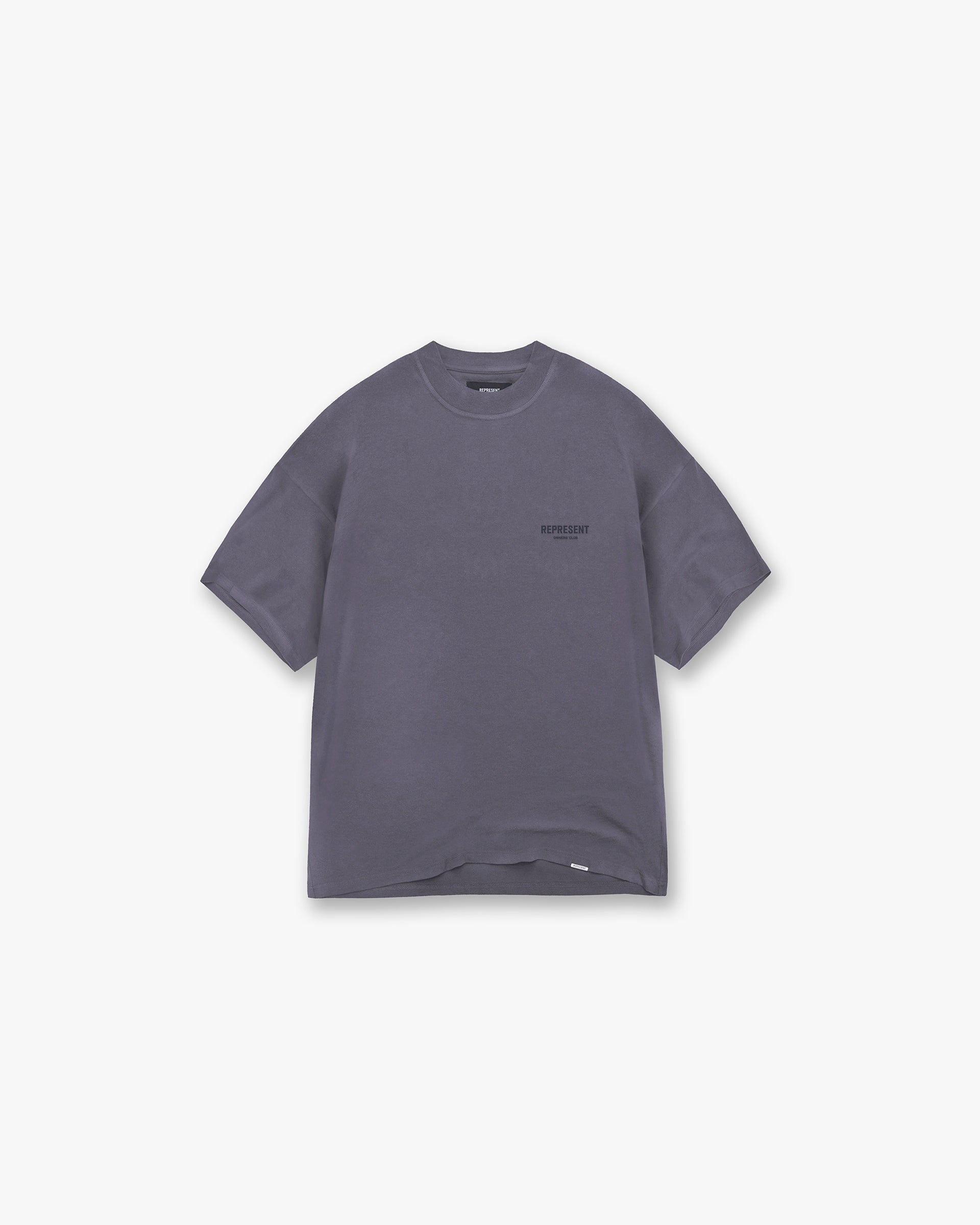 Back product image of a mens grey t-shirt on a plain white background | Represent Owners Club T-Shirt in Storm | T-Shirt with high build rear branding and ribbed crewneck | Owners Club T-Shirts | Represent Clo