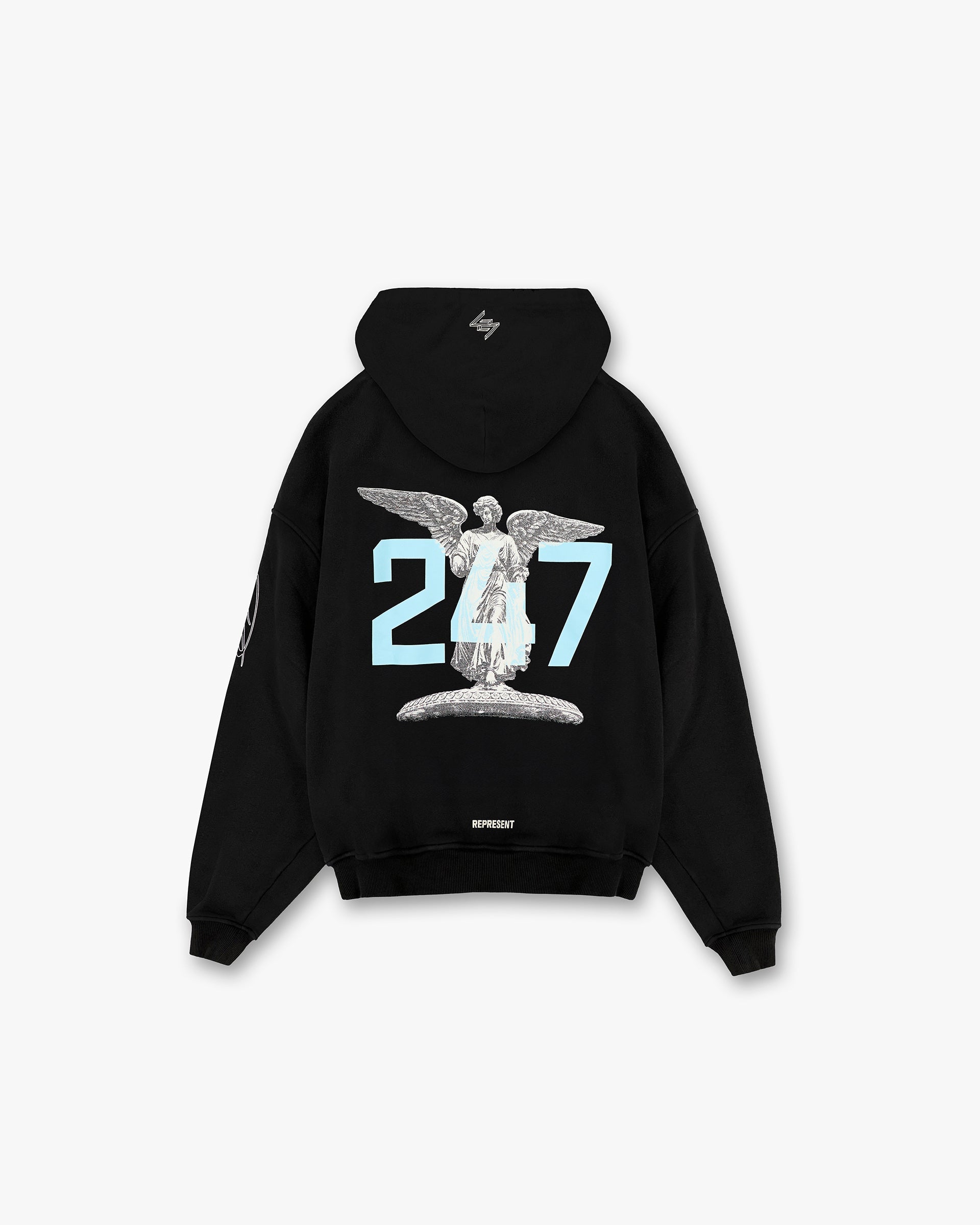 Back product image of a mens black hoodie on a plain white background | 247 New York Hoodie in Black | Hoodie with oversized fit and graphic print | 247 Hoodies | Represent Clo