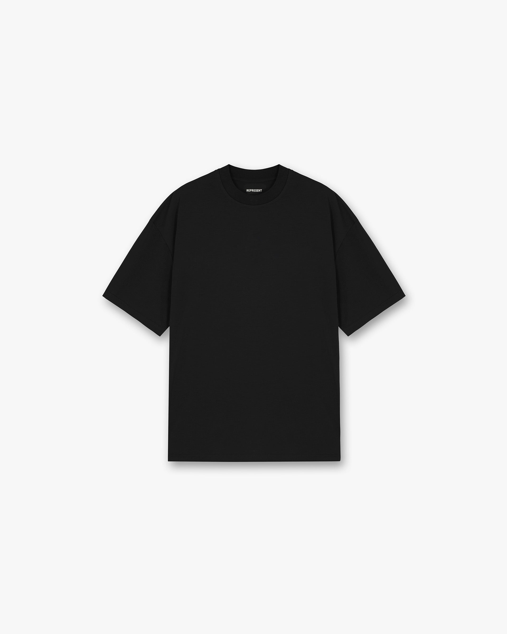 Front product image of a mens black t-shirt on a plain white background | 247 DNA Oversized T-Shirt in Black | Short sleeve t-shirt with ribbed crewneck collar | 247 T-Shirts | Represent Clo