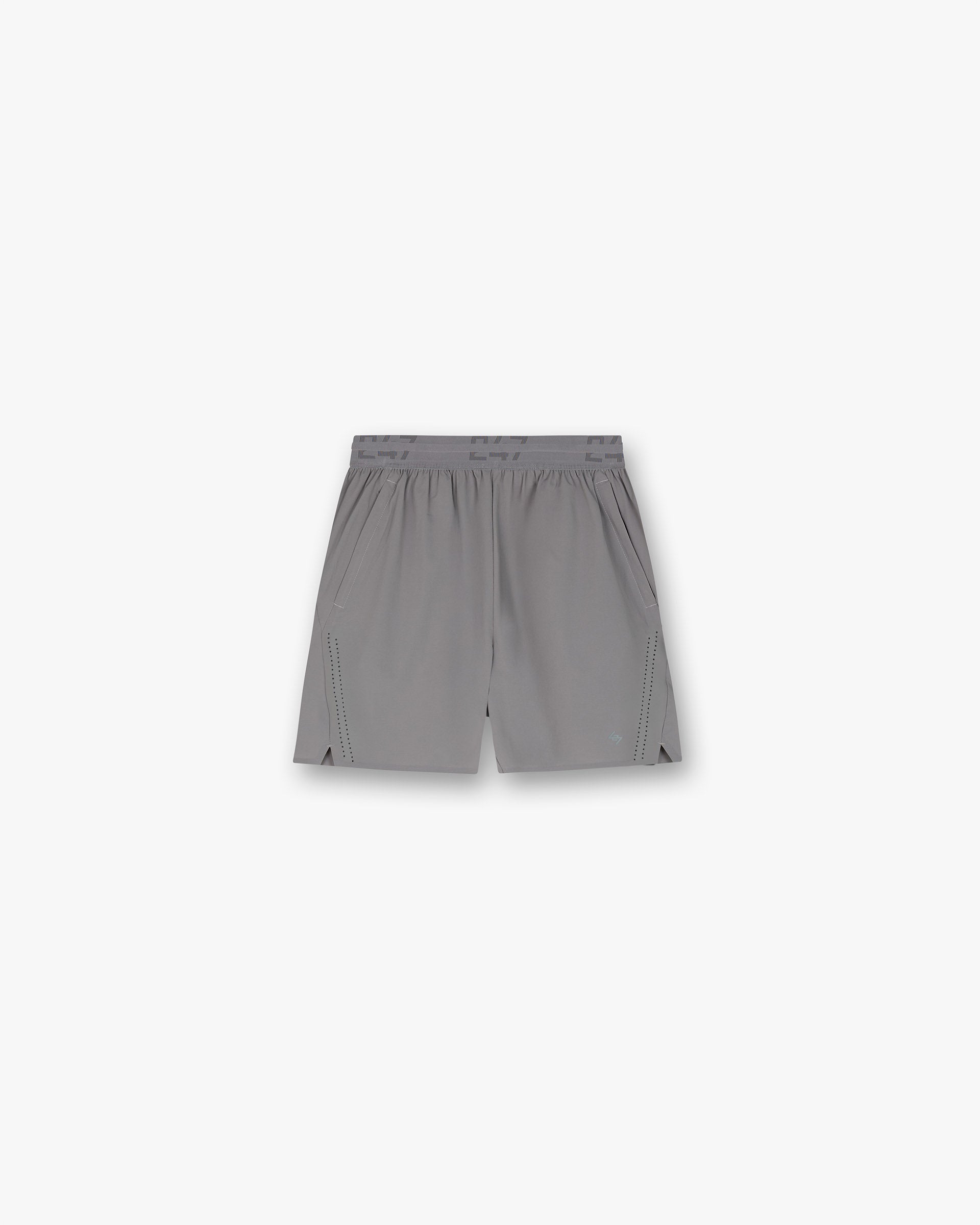 Front product image of mens grey shorts on a plain white background | 247 Training Shorts in Titanium | Shorts with relaxed fit and raw edge branding | 247 Shorts | Represent Clo