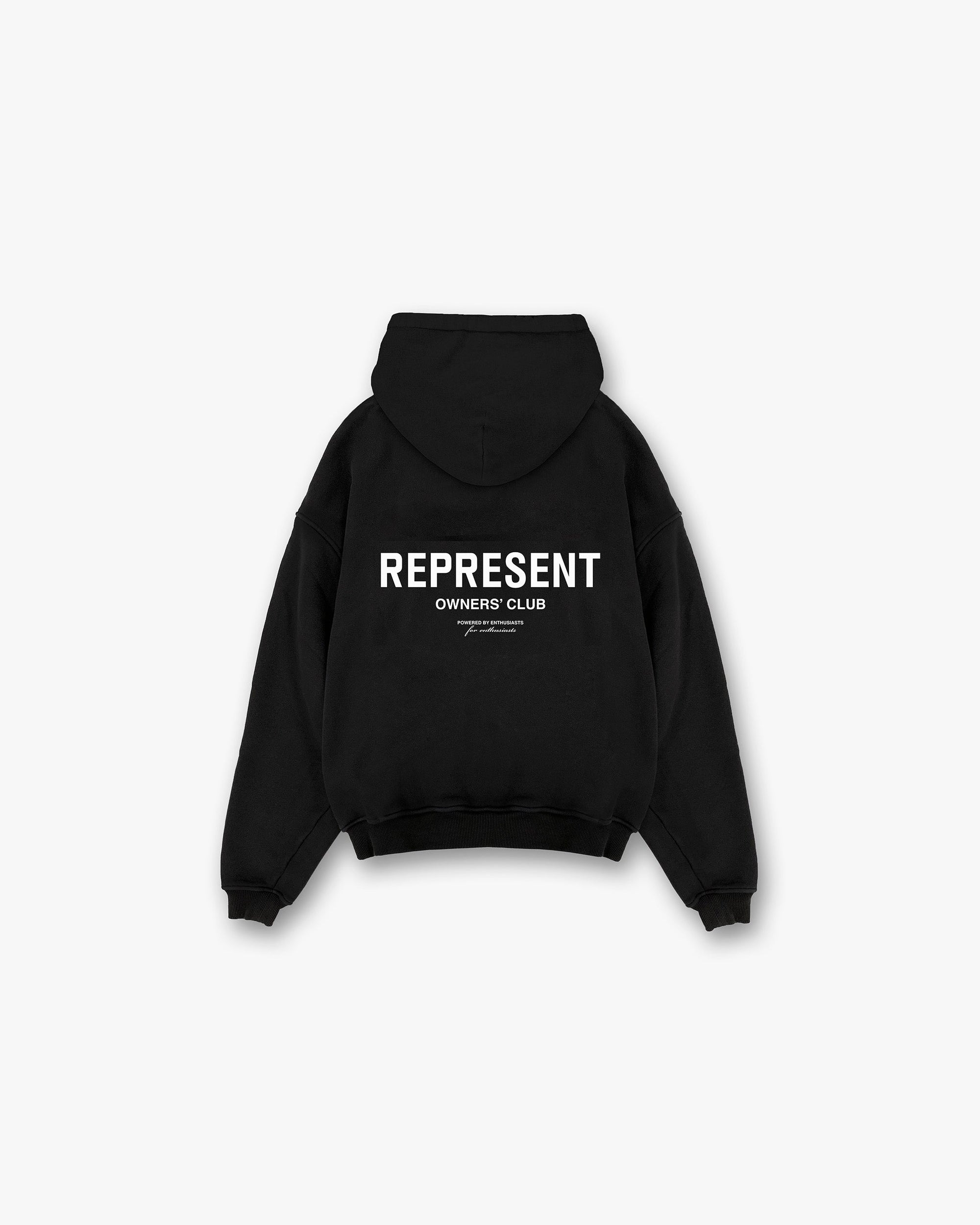 Back product image of a mens black zip hoodie on a plain white background | Represent Owners Club Zip Hoodie in Black | Slightly oversized zip hoodie with Represent branding | Owners Club Hoodies | Represent Clo