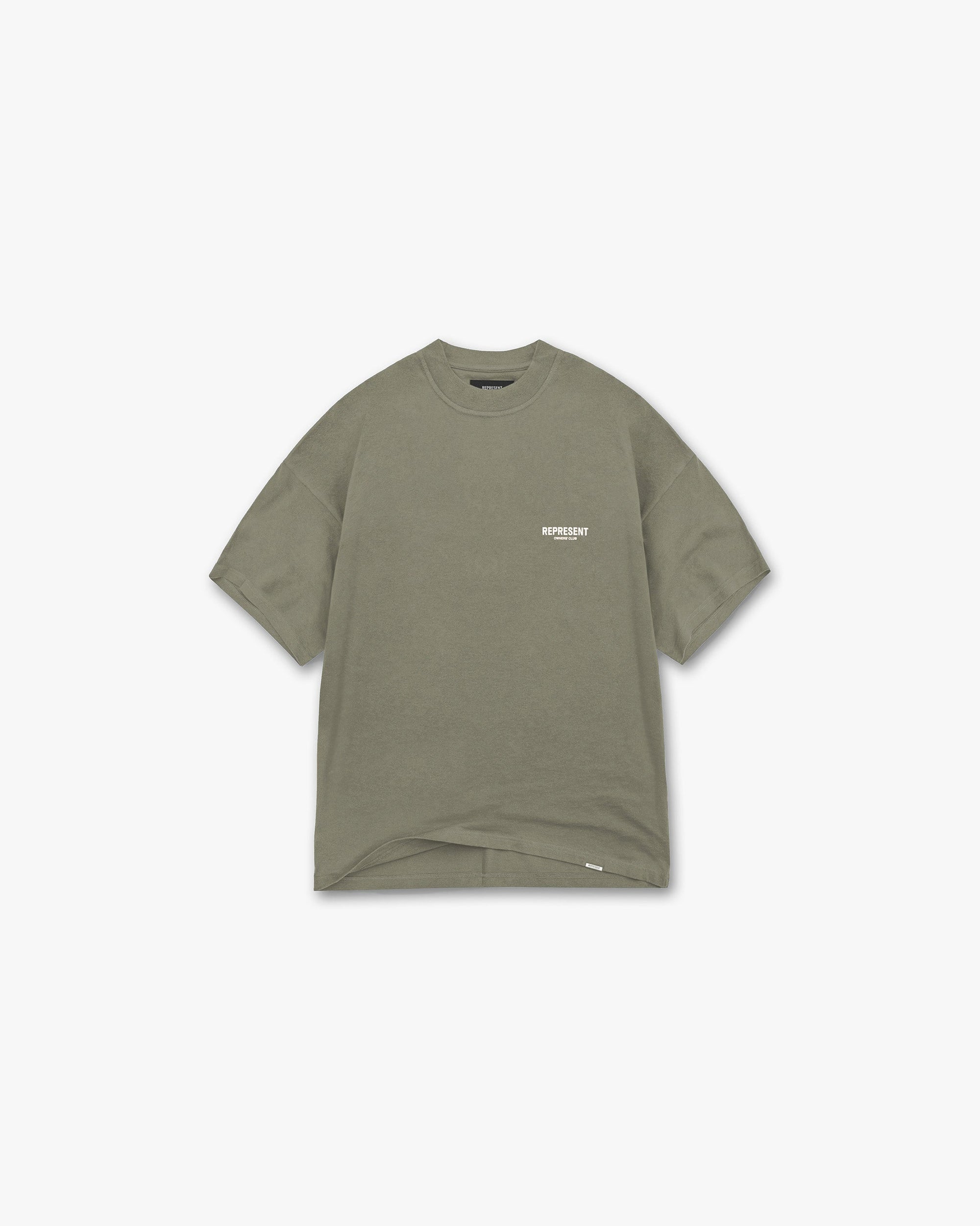 Back product image of a mens olive t-shirt on a plain white background | Represent Owners Club T-Shirt in Olive | Oversized t-shirt with ribbed crewneck | Owners Club T-Shirts | Represent Clo