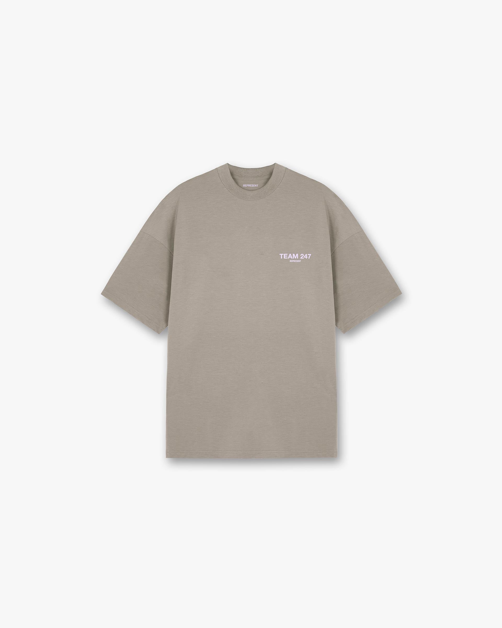 Front product image of a mens khaki oversized t-shirt on a plain white background | Team 247 Oversized T-Shirt in Khaki Lilac | Oversized t-shirt | 247 T-Shirts | Represent Clo