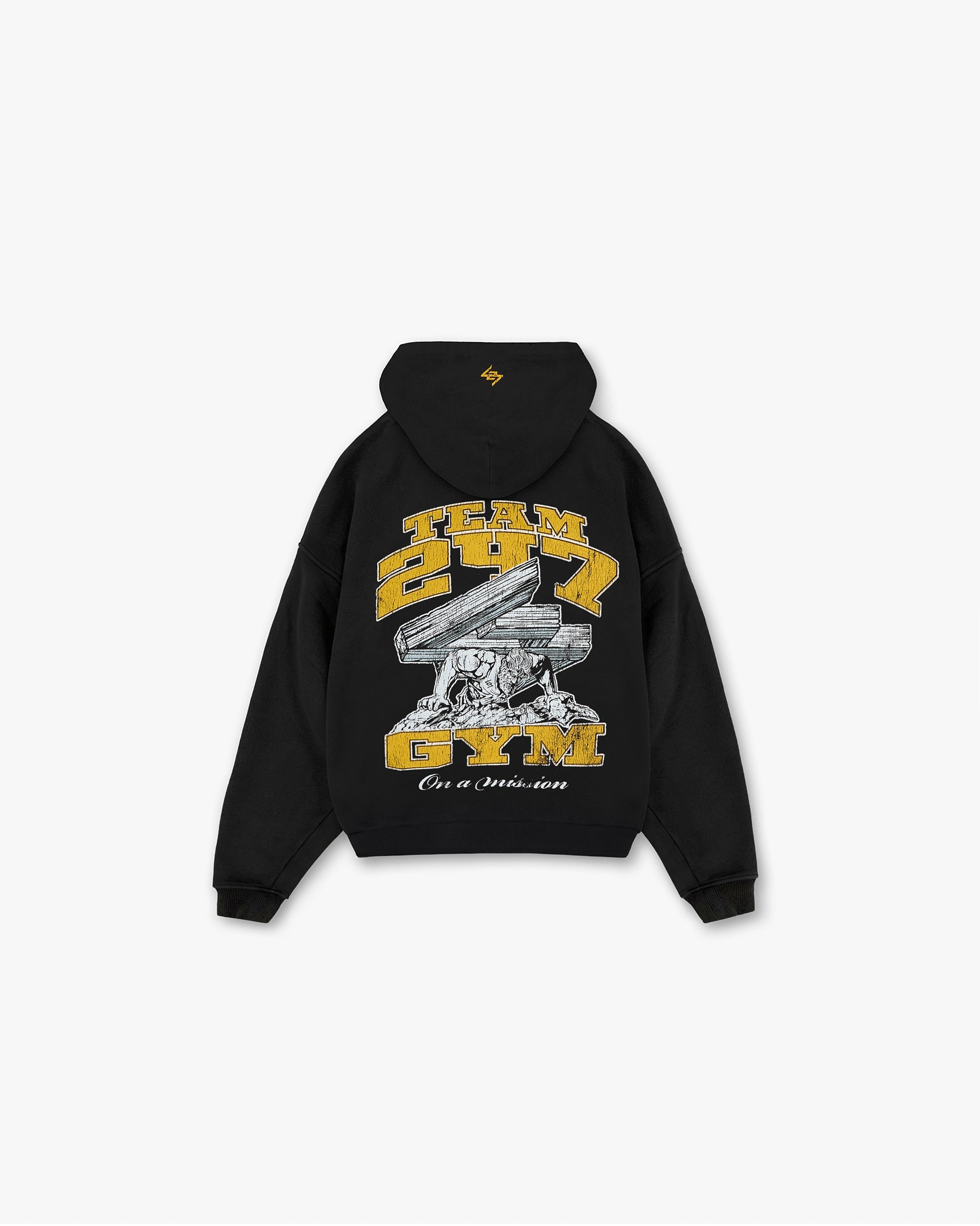 Back product image of a mens black hoodie on a plain white background | 247 On His Shoulders Boxy Hoodie in Off Black | Boxy fit hoodie with back graphic and ribbed hem | 247 Hoodies | Represent Clo