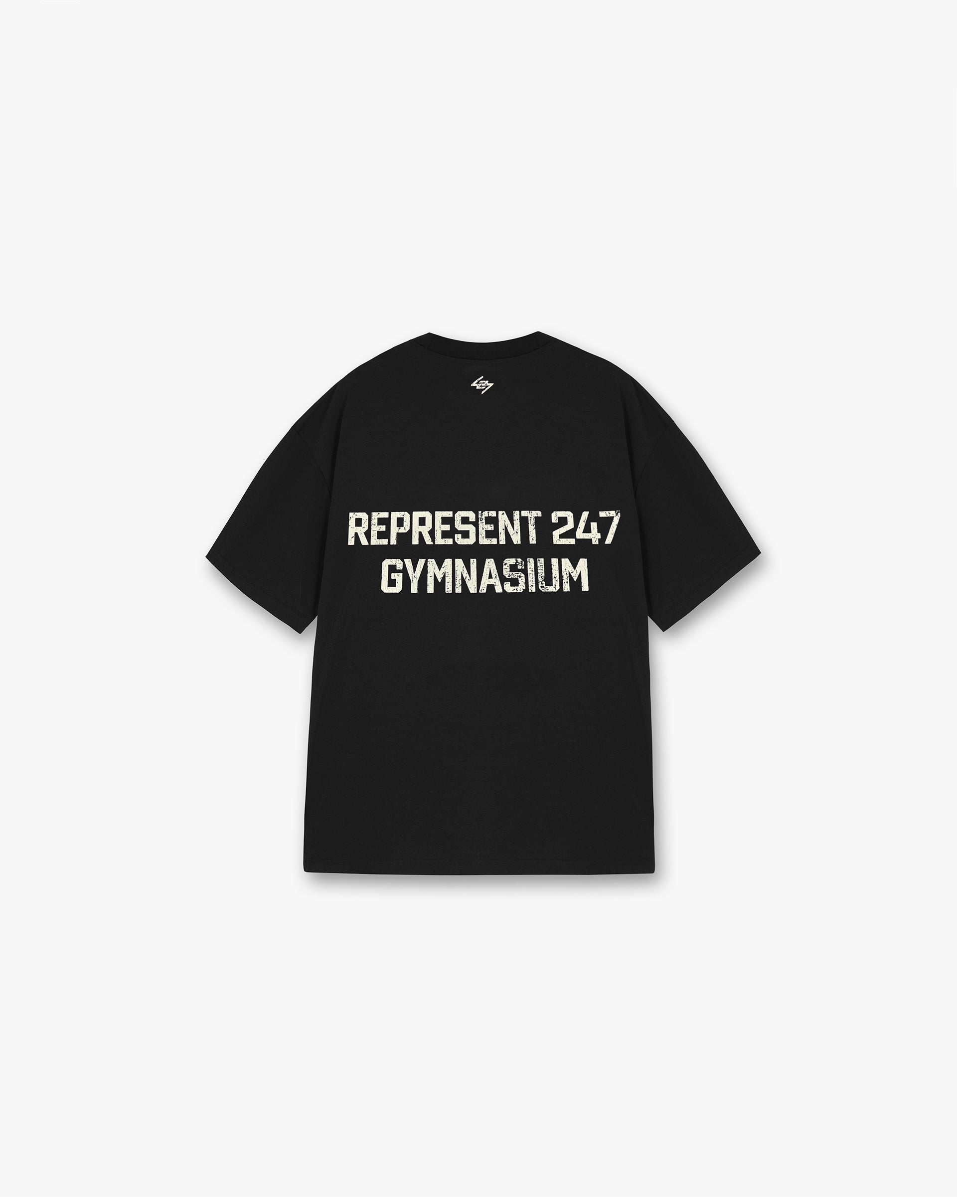 Back product image of a mens black t-shirt on a plain white background | 247 Gymnasium T-Shirt in Off Black | Oversized t-shirt with cracked print | 247 T-Shirts | Represent Clo