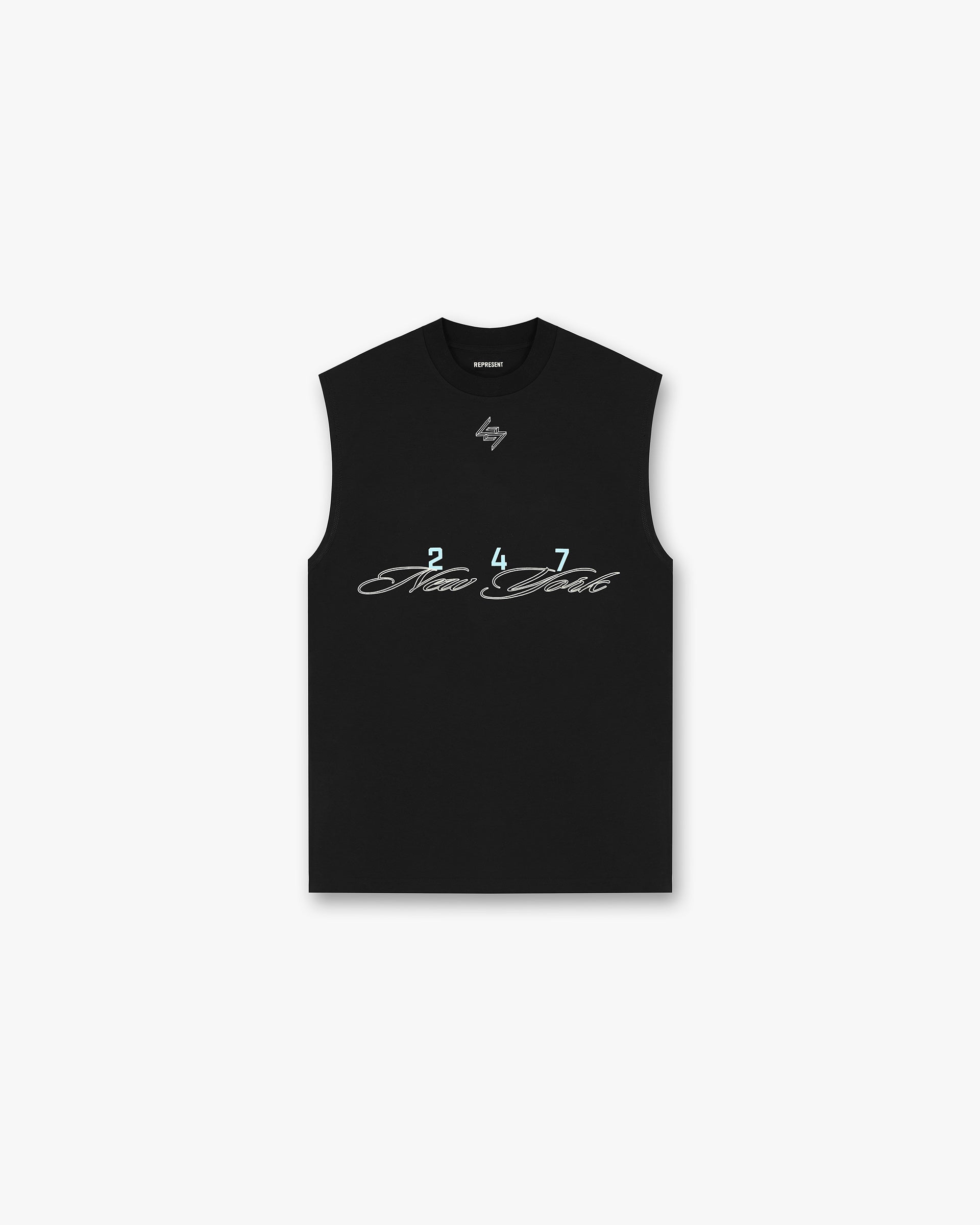 Front product image of a mens black tank top on a plain white background | 247 New York Tank in Black | Tank top with medium weight jersey cotton | 247 T-Shirts | Represent Clo