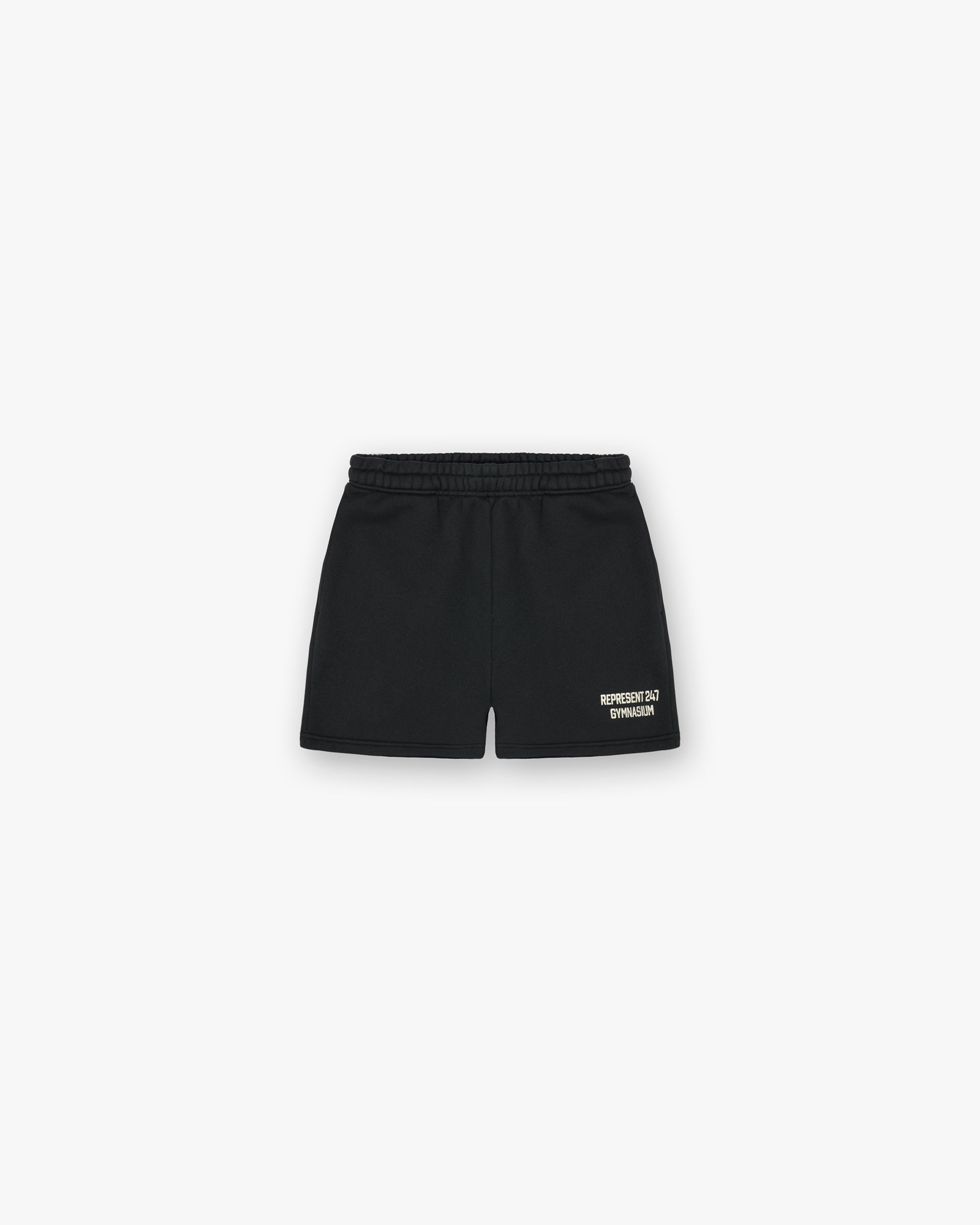 Front product image of mens black shorts on a plain white background | 247 Gymnasium Jersey Shorts in Off Black | Training shorts with ribbed cuffs | 247 Shorts | Represent Clo