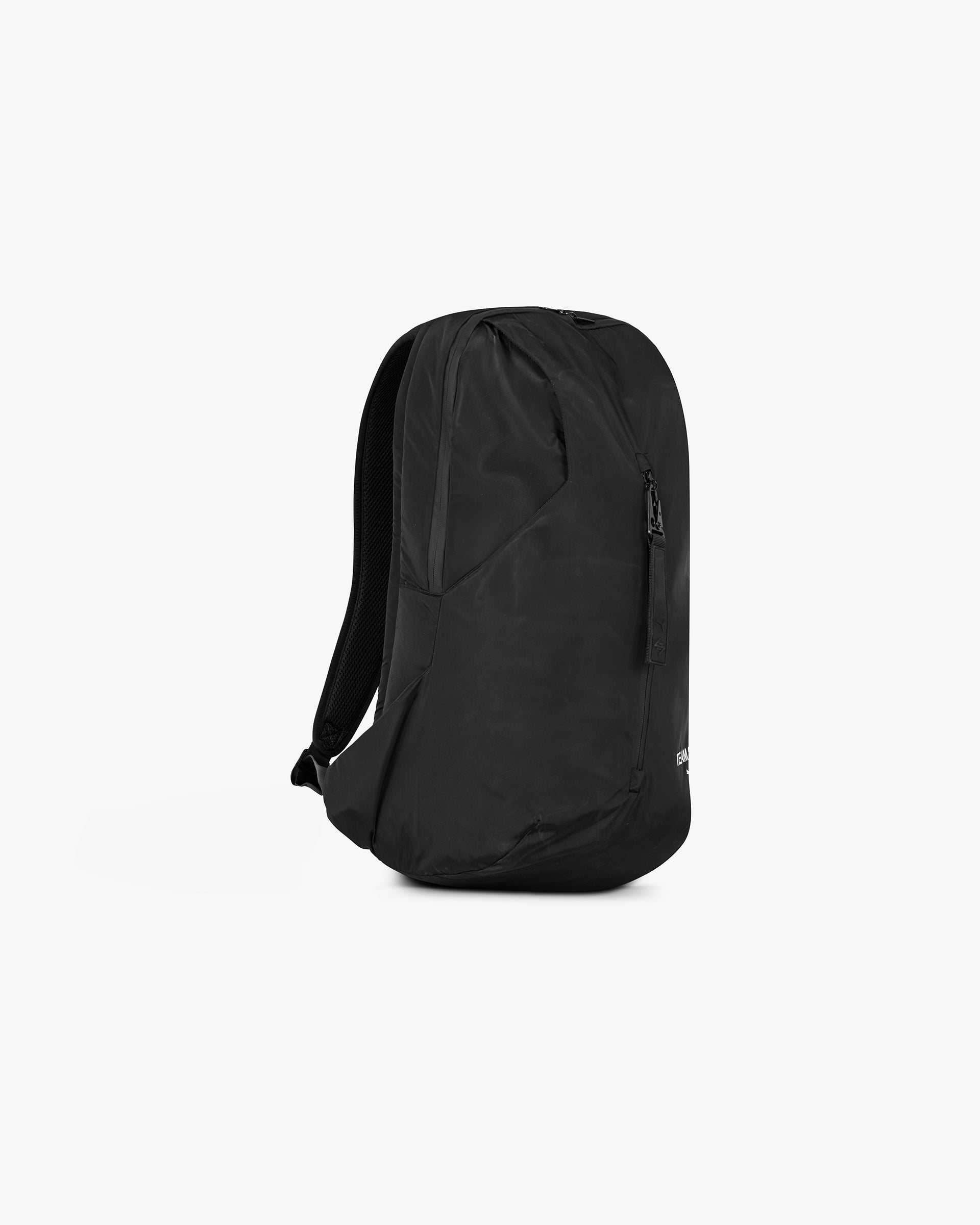 Back product image of a mens black backpack on a plain white background | 247 X Puma Backpack in Black | Backpack with external laptop compartment and ergonomic back panel | 247 Accessories | Represent Clo