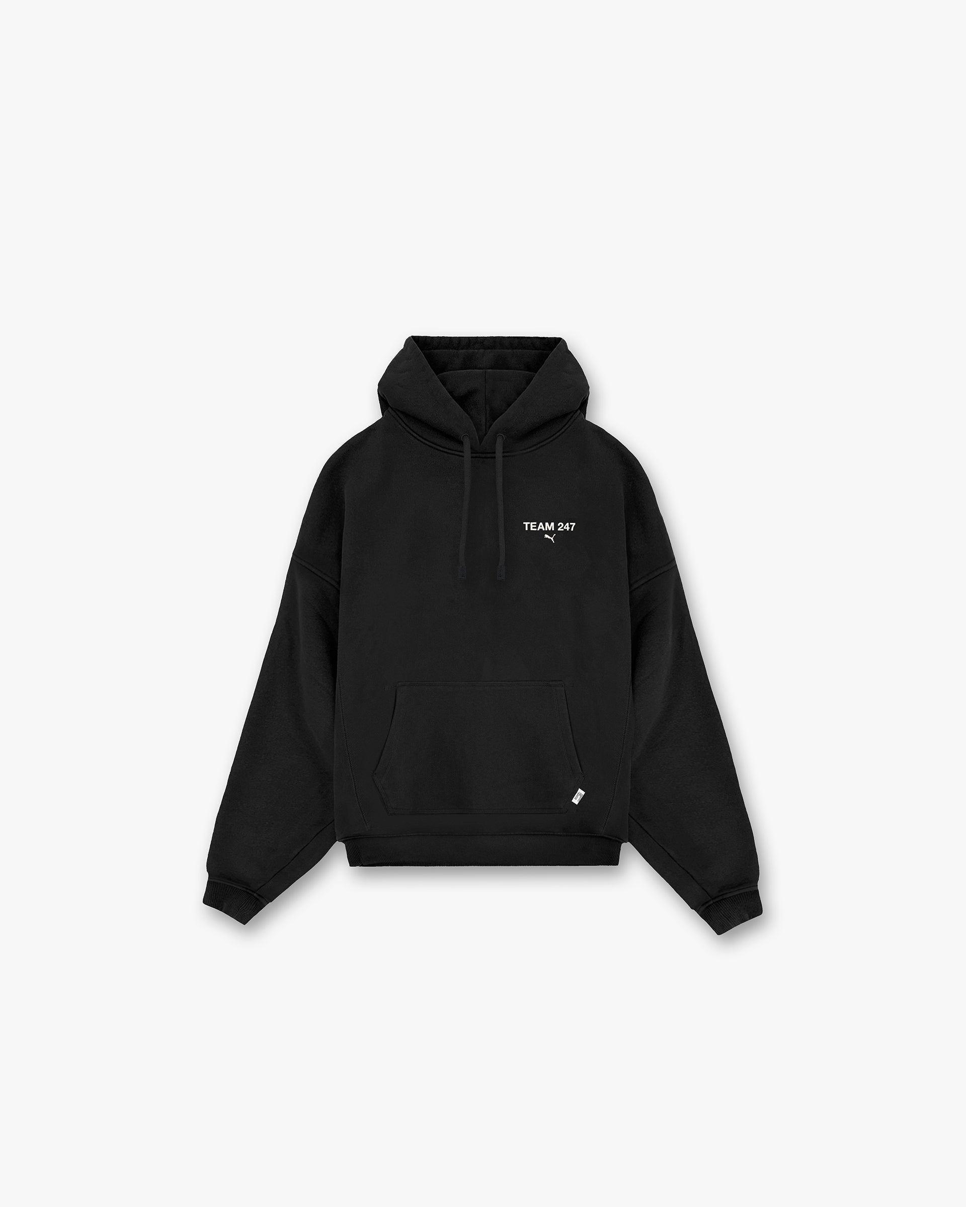 Front product image of a mens black hoodie on a plain white background | 247 X Puma Hoodie in Black | Slightly oversized hoodie with metal bar logo | 247 Hoodies | Represent Clo
