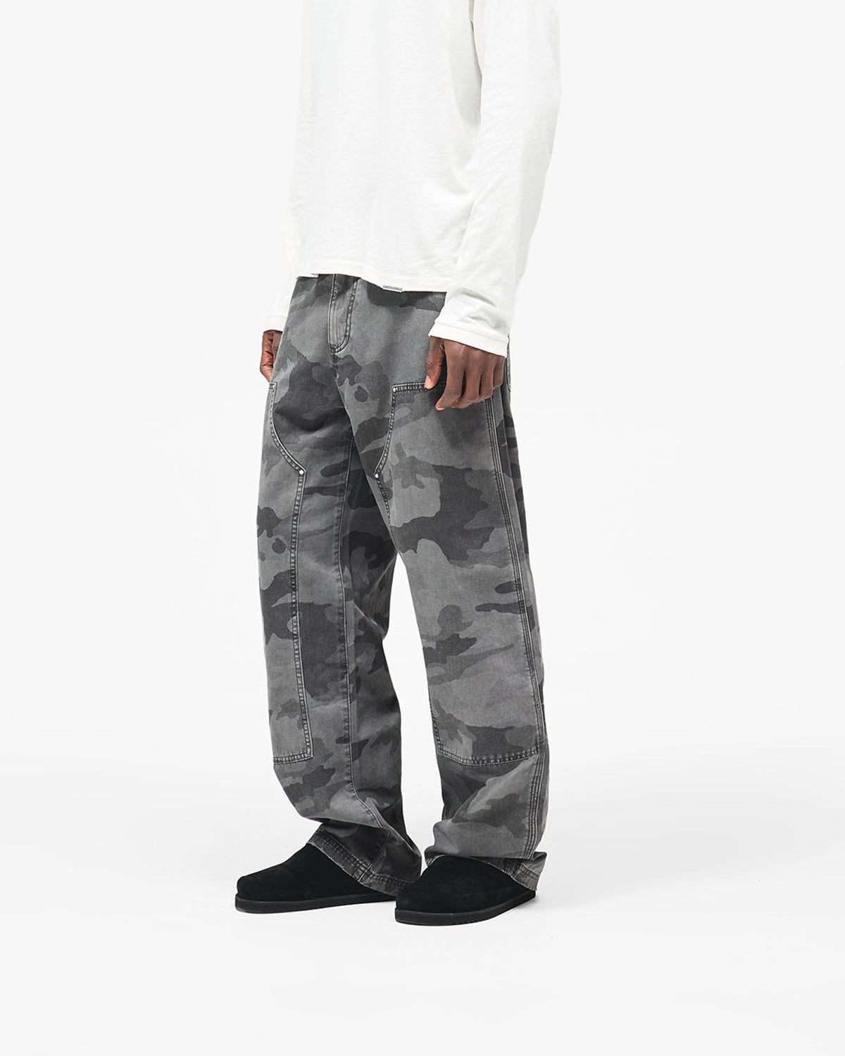 Heaton Camo Workwear Pant - Washed Grey Camo - Cropped Model - Front