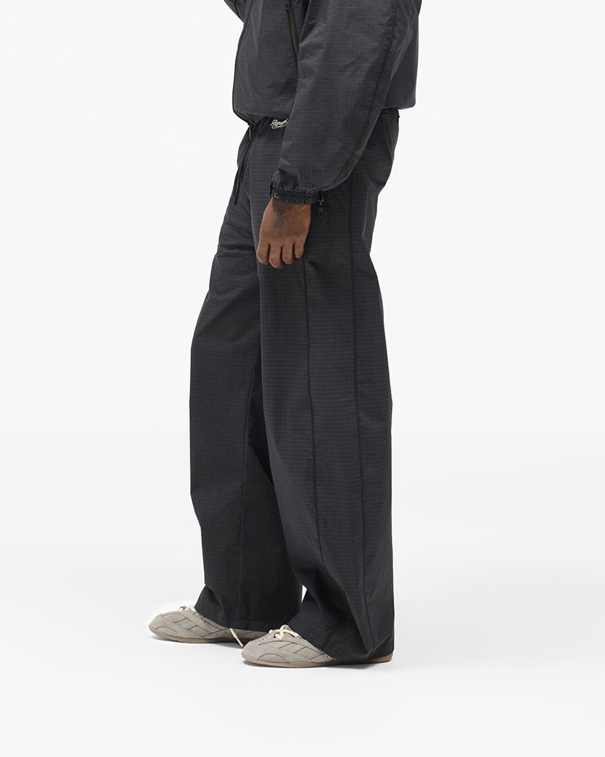 Riot Track Pant - Navy Check - Cropped Model - Side