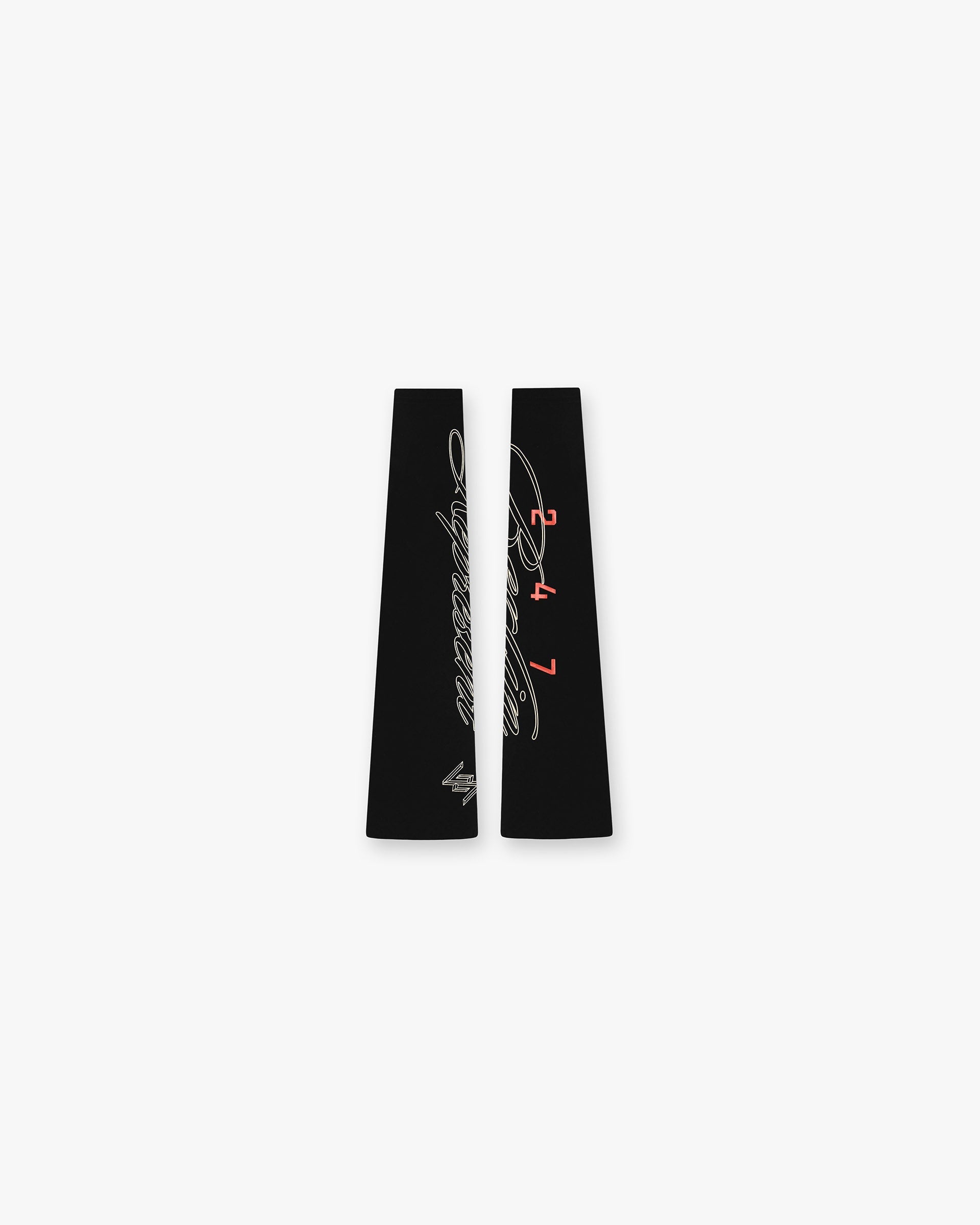 Front product image of mens black arm warmers on a plain white background | 247 Berlin Arm Warmers in Jet Black | Long arm warmers crafted from cotton | 247 Accessories | Represent Clo