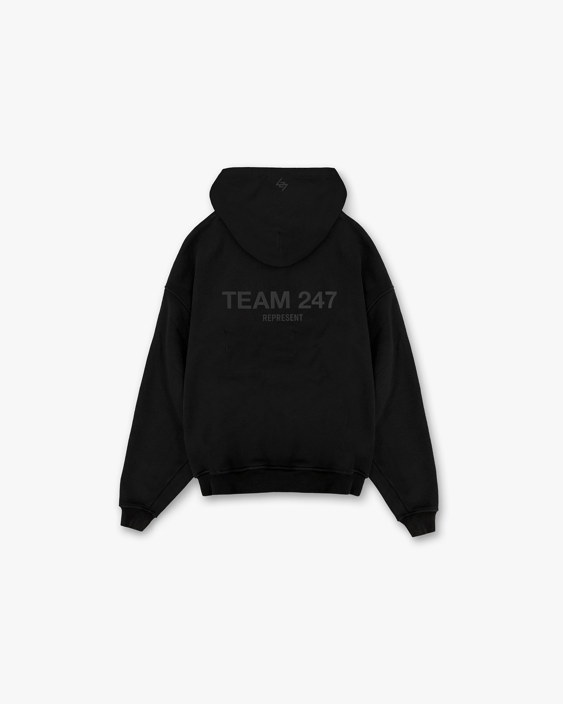 Back product image of a mens black hoodie on a plain white background | Team 247 Oversized Hoodie in Matte Black | Oversized hoodie with ribbed hem and cuffs | 247 Hoodies | Represent Clo