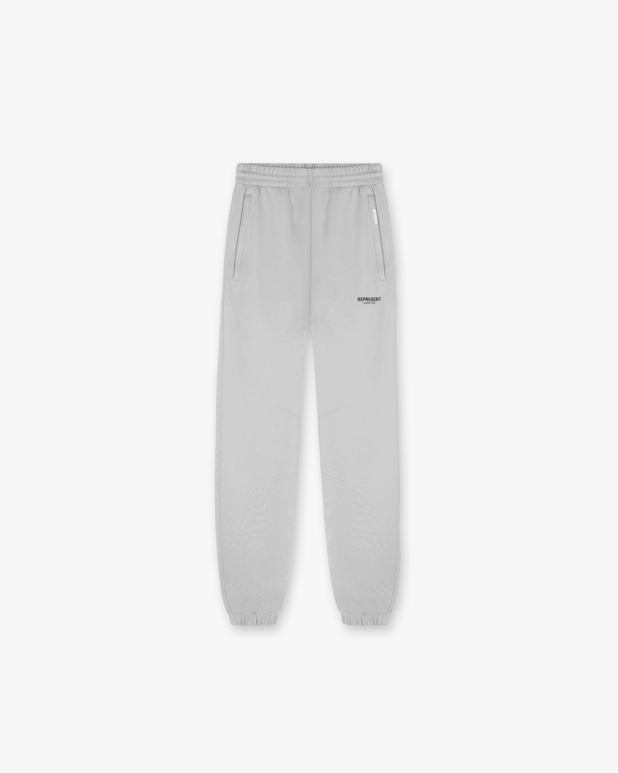 Front product image of mens grey sweatpants on a plain white background | Represent Owners Club Sweatpant in Ash Grey | Sweatpants with ribbed trims | Owners Club Pants | Represent Clo
