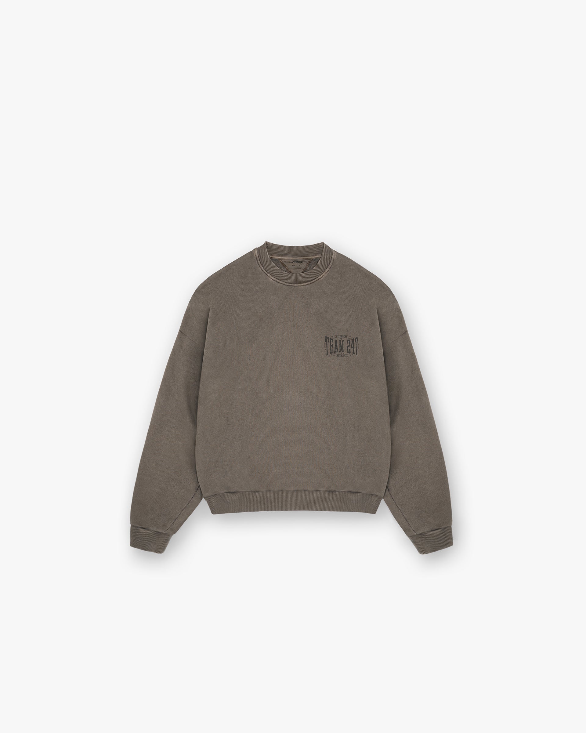 Front product image of a mens brown sweater on a plain white background | 247 X Everlast Training Camp Boxy Sweater in Washed Brown | Boxy fit sweater with relaxed style | 247 Sweaters | Represent Clo
