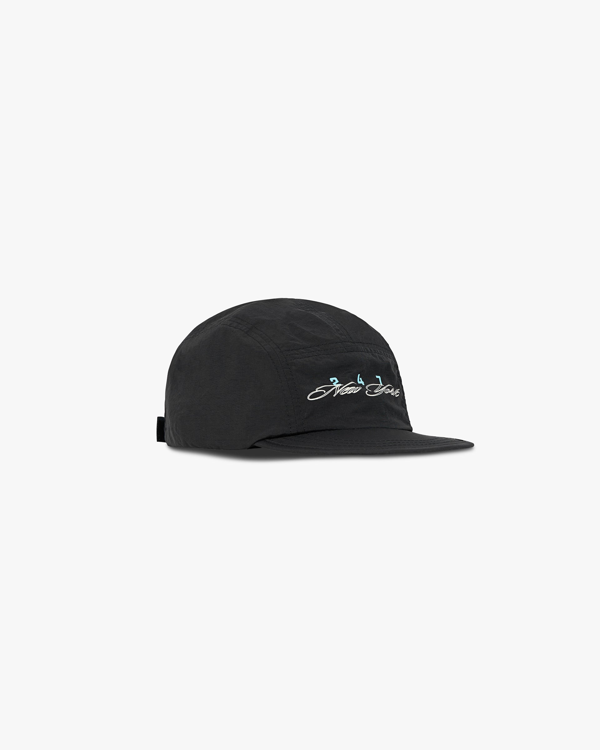 Product image of a mens black cap on a plain white background | 247 New York Cap in Black | Baseball cap with embroidered logo | 247 Accessories | Represent Clo