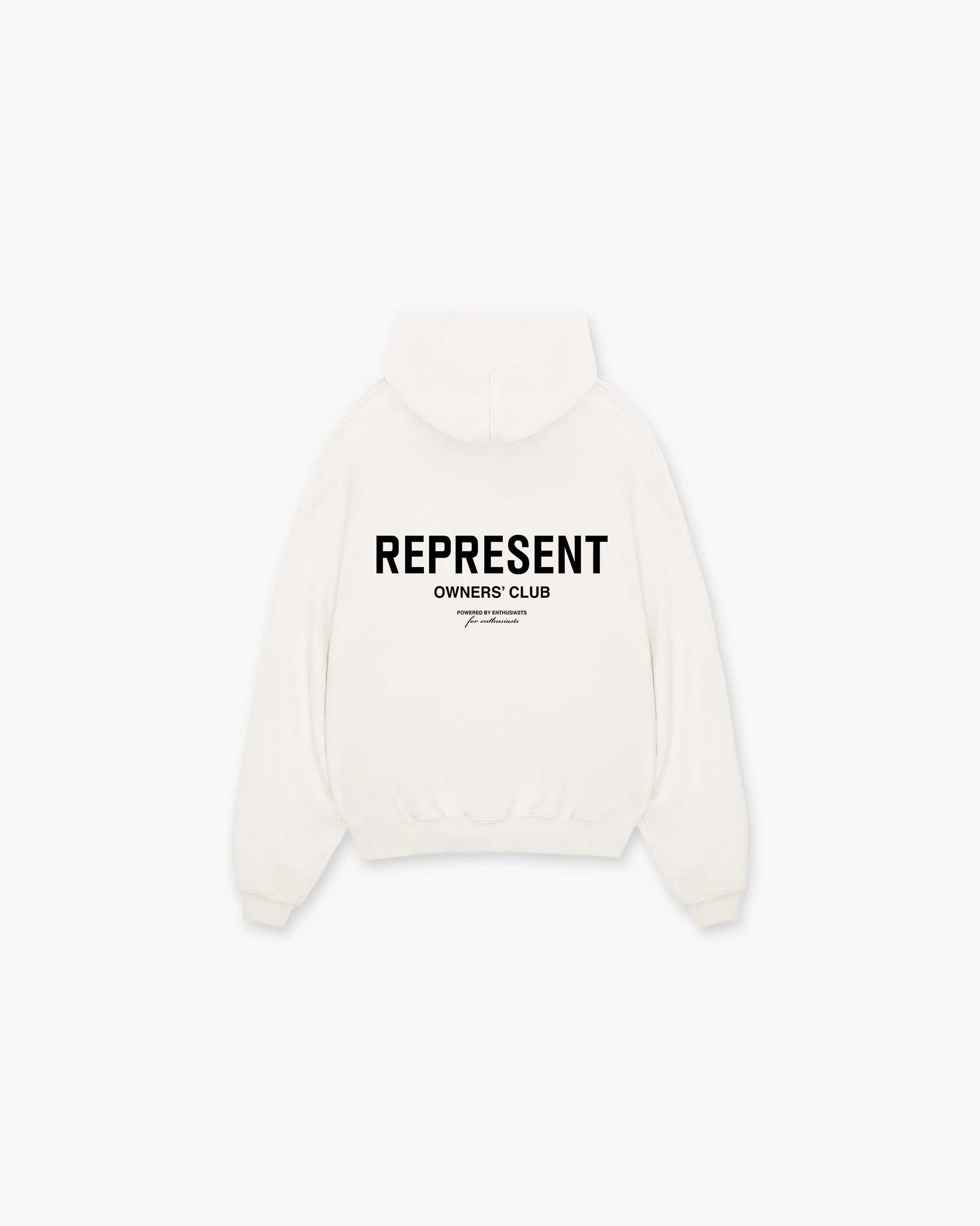 Front product image of a mens white hoodie on a plain white background | Represent Owners Club Hoodie in Flat White | Cotton blend hoodie with Owners Club logo | Owners Club Hoodies | Represent Clo